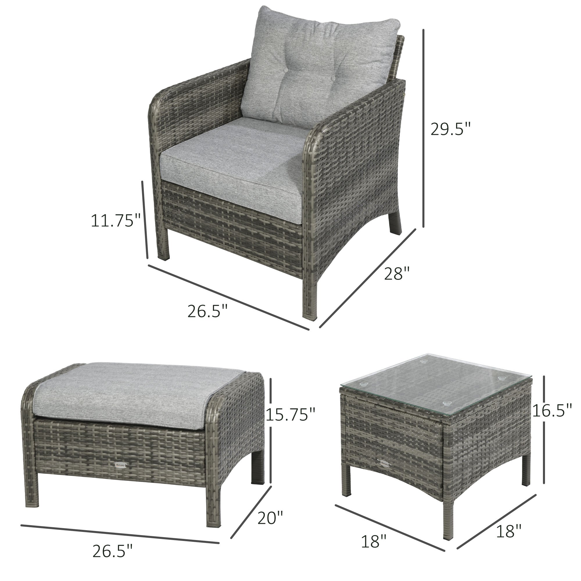 5 Pieces Rattan Wicker Lounge Chair Outdoor Patio Conversation Set with 2 Cushioned Chairs, 2 Ottomans and Tempered Glass Top Coffee Table, Gray/Light Gray