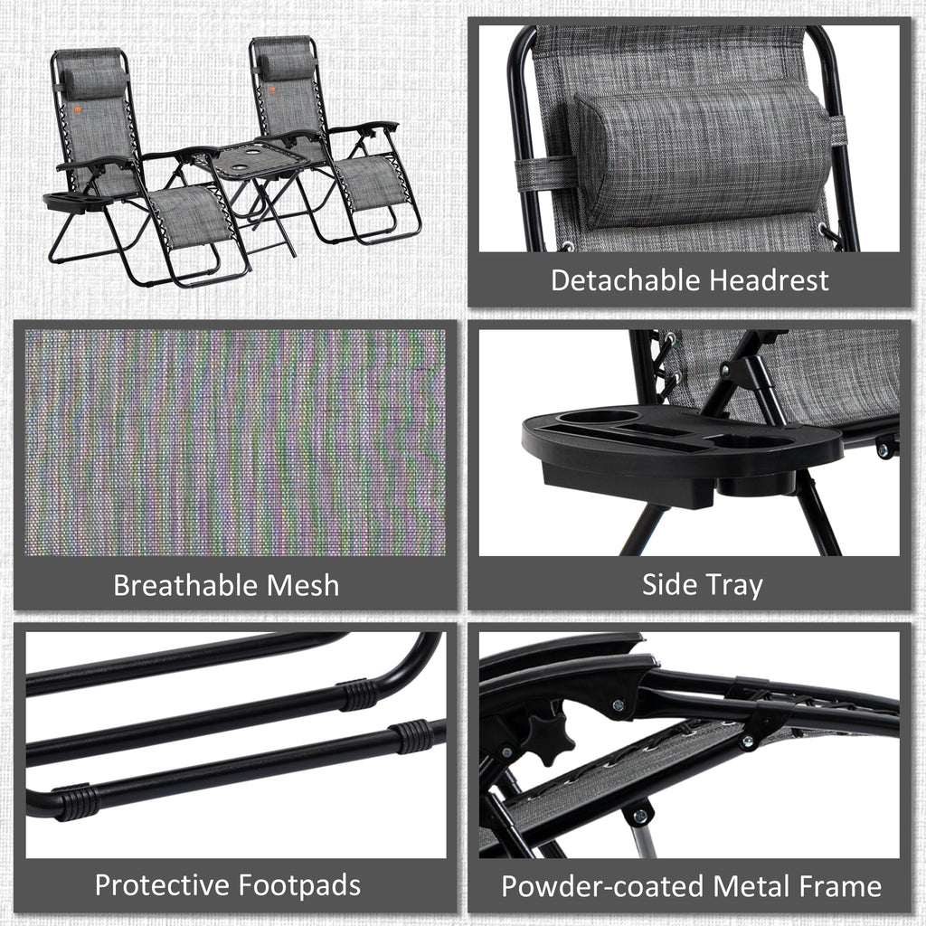 Zero Gravity Chair Set with Side Table, Folding Reclining Chair with Cupholders & Pillows, Adjustable Lounge Chairs for Pool, Backyard, Lawn, Beach, Gray