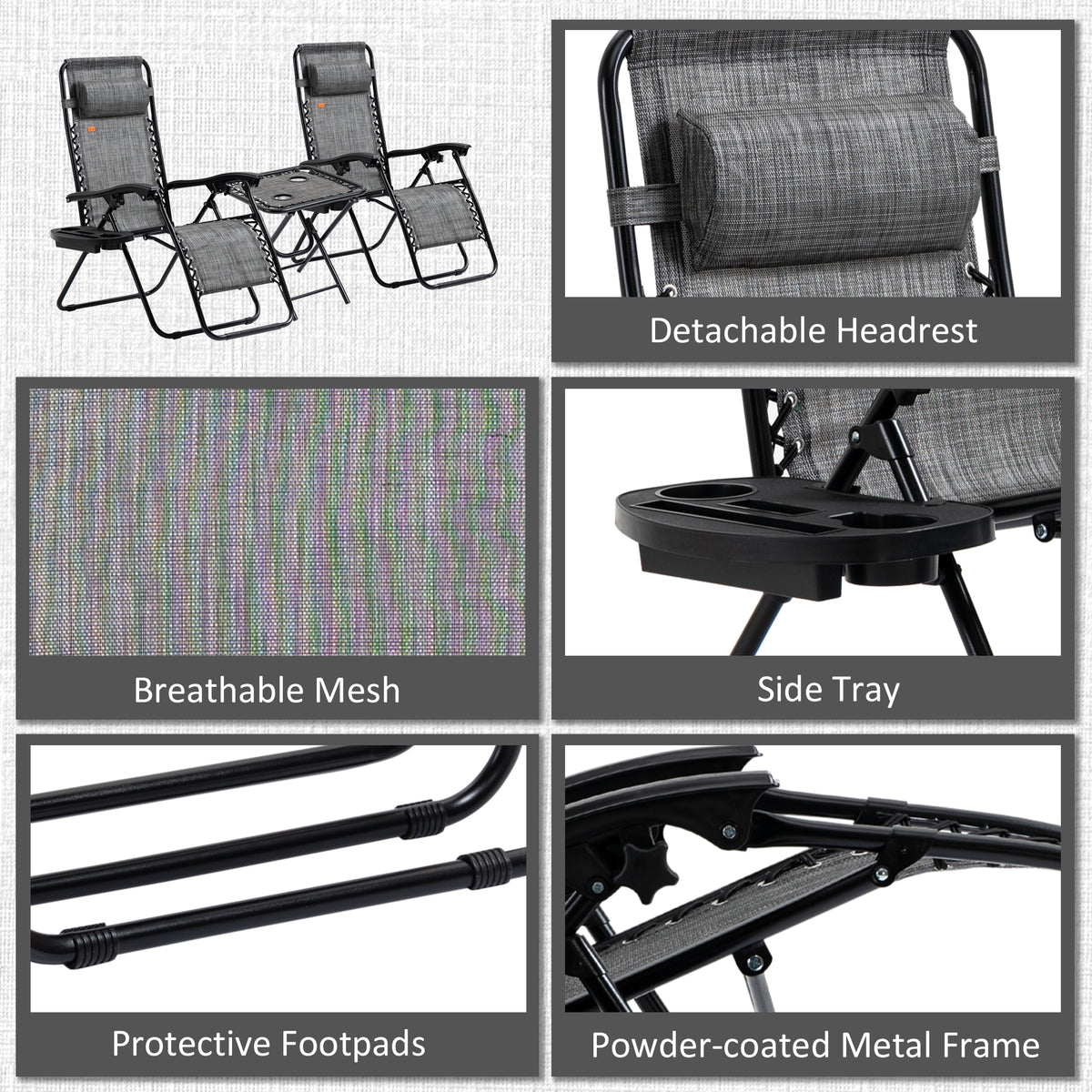 Zero Gravity Chair Set with Side Table, Folding Reclining Chair with Cupholders & Pillows, Adjustable Lounge Chairs for Pool, Backyard, Lawn, Beach, Gray