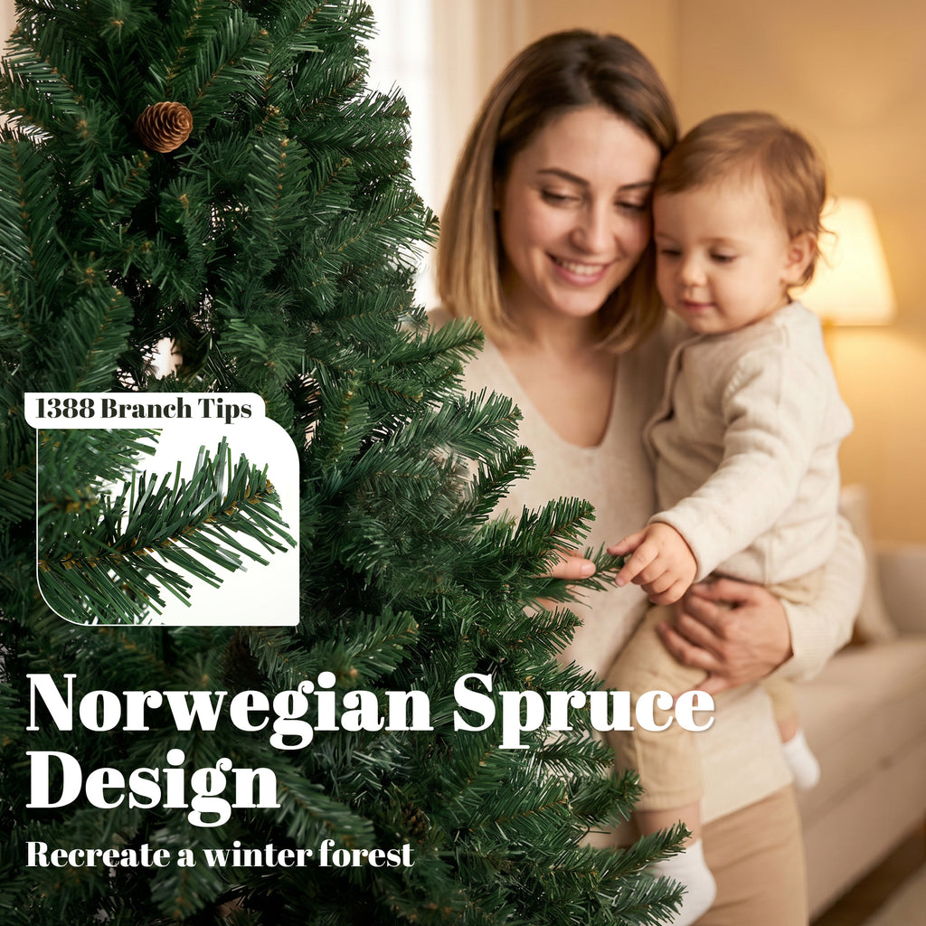 7.5 ft Artificial Christmas Tree, Norway Spruce Tree, Hinged Xmas Tree with Metal Stand