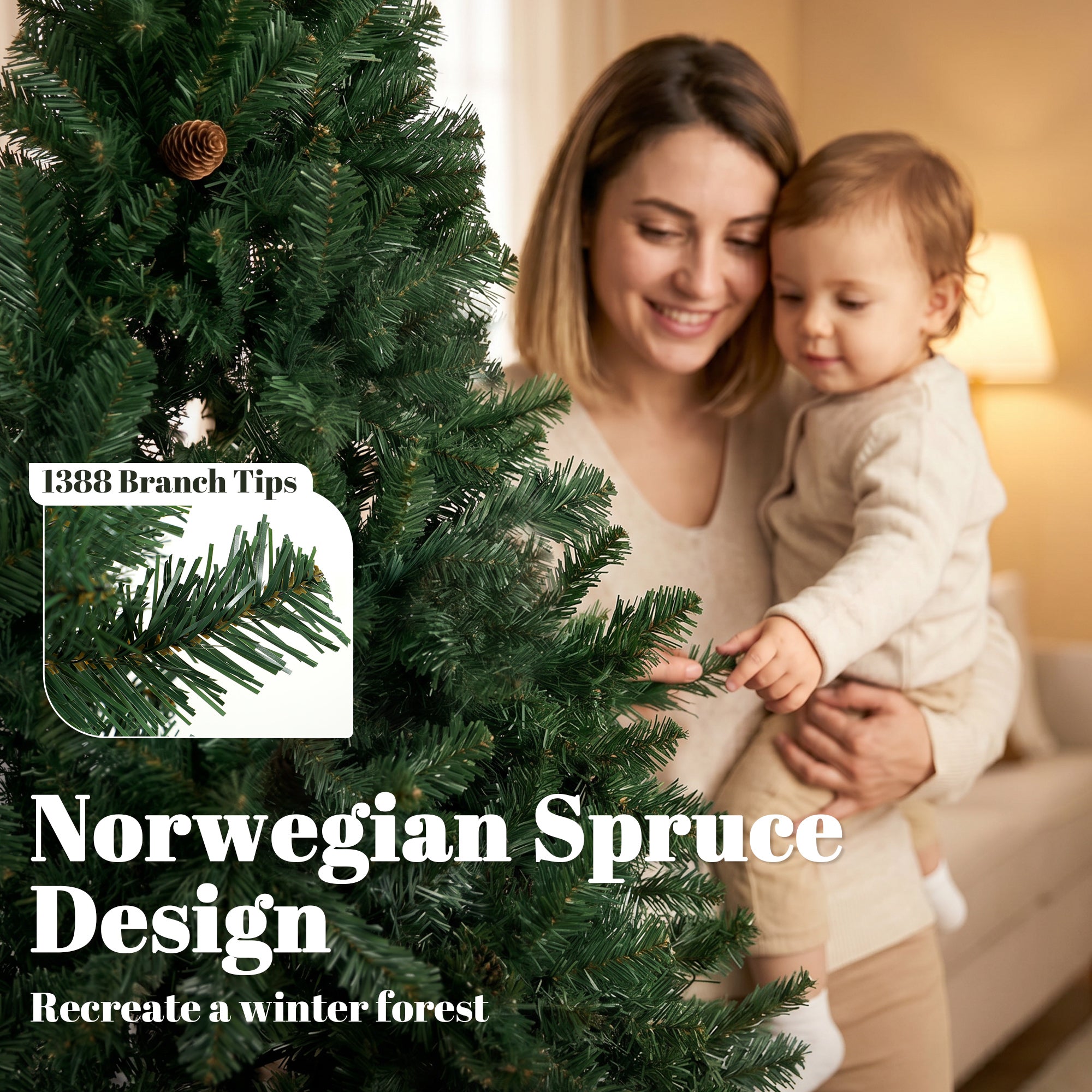 7.5 ft Artificial Christmas Tree, Norway Spruce Tree, Hinged Xmas Tree with Metal Stand