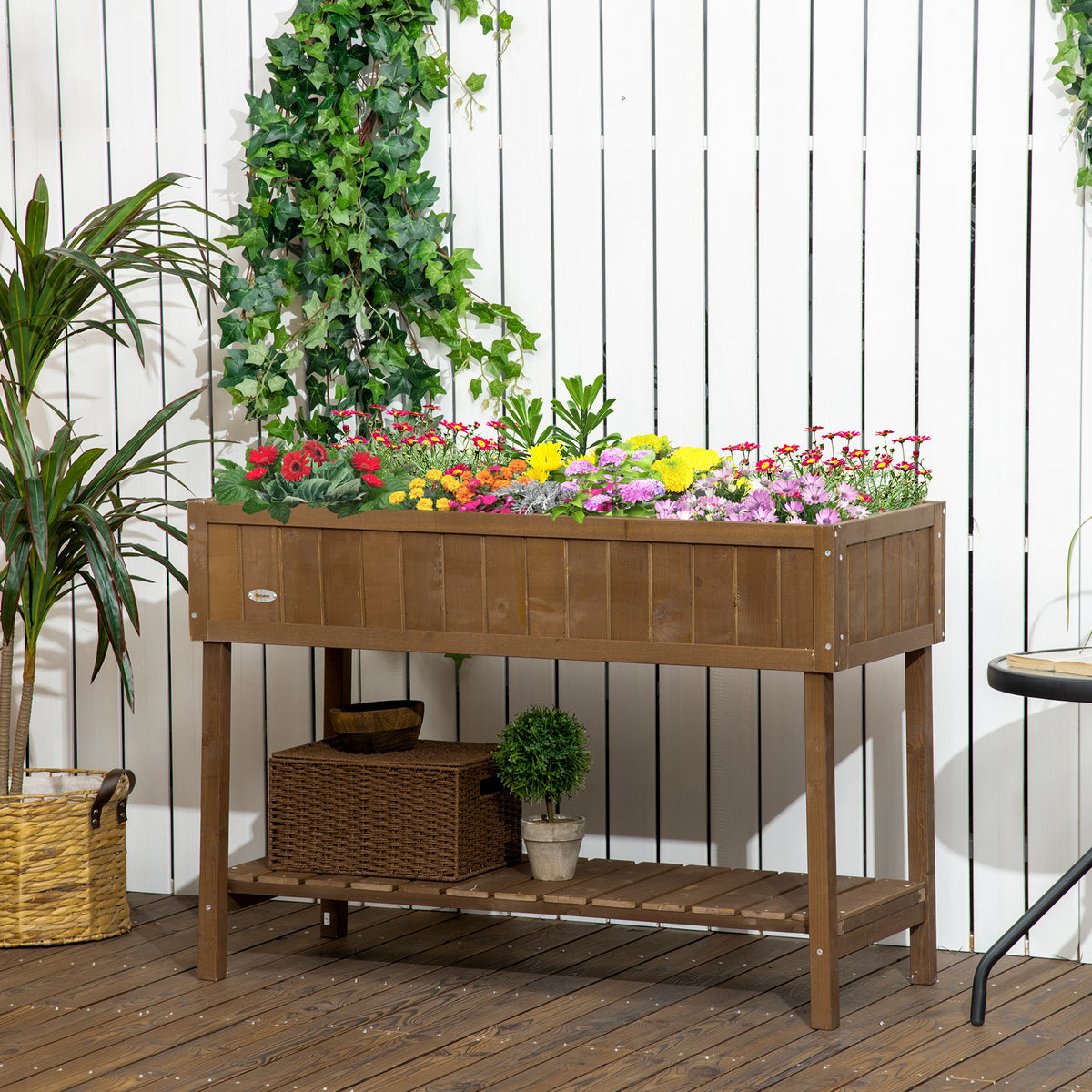 Wooden Raised Garden Bed, Elevated Planter Box Stand with 8 Slots and Open Shelf, Dark Brown