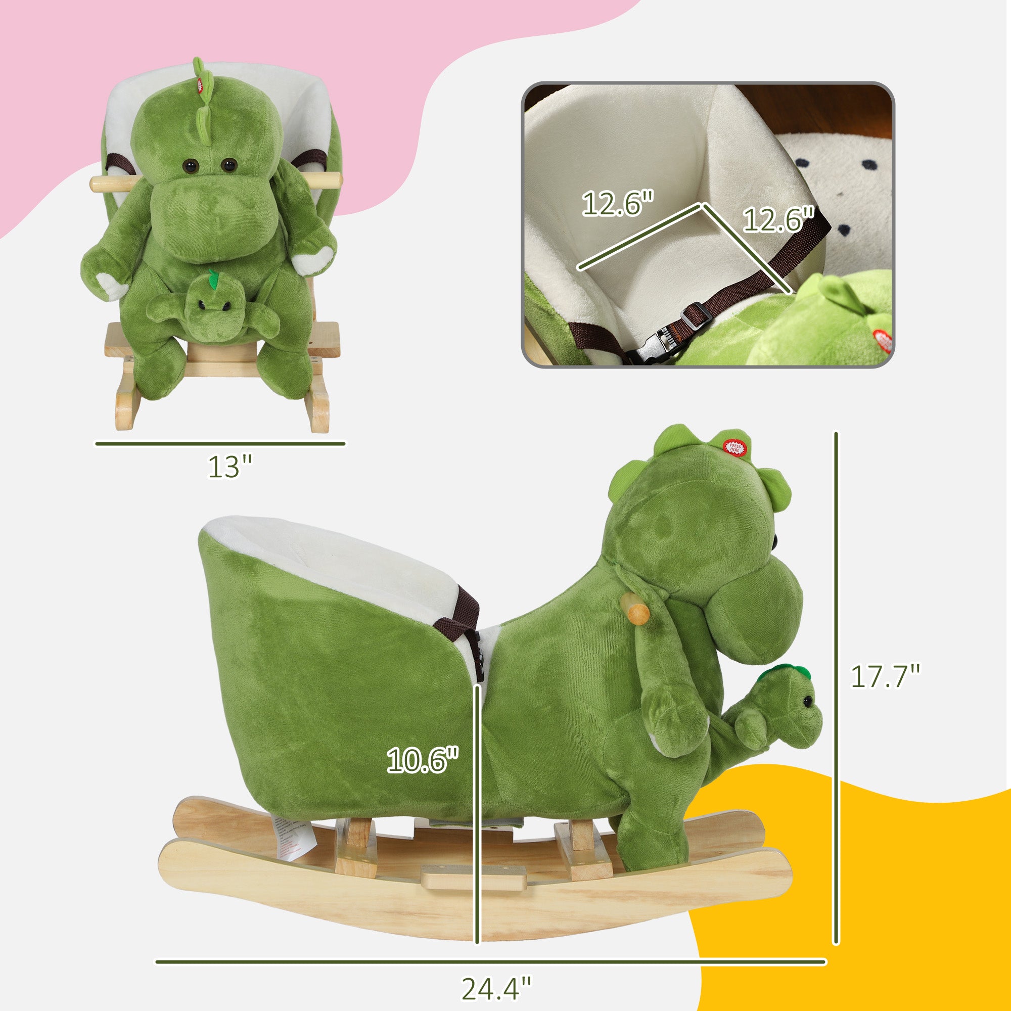 Rocking Horse, Ride on Dinosaur w/ Seat Belt, 32 Songs & Hand Puppet for 18-36 Months, Green
