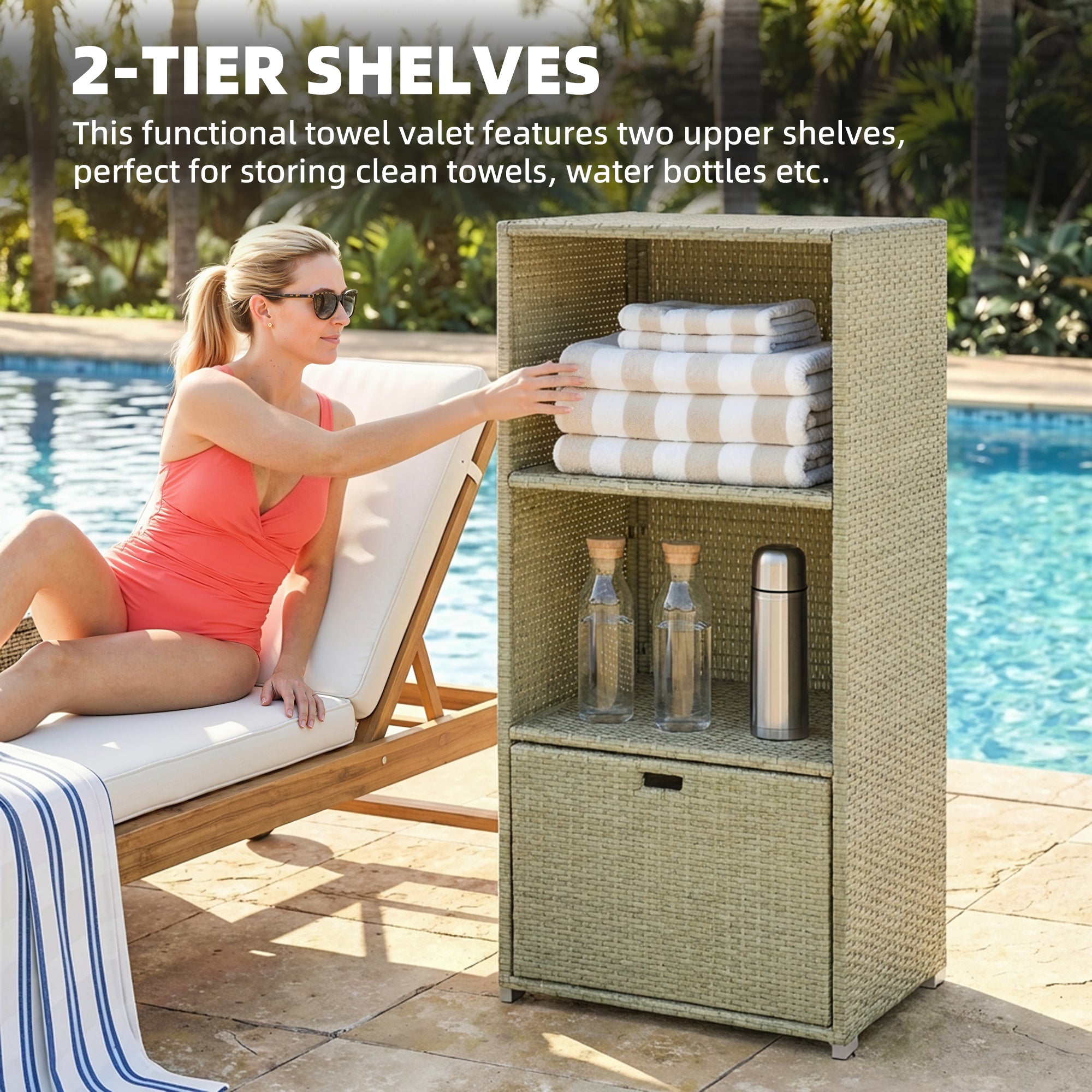 Valet Pool Towel Rack, Water-Resistant PE Plastic Rattan Wicker Storage Organizer, 2 Shelves, 1 Basket Drawer
