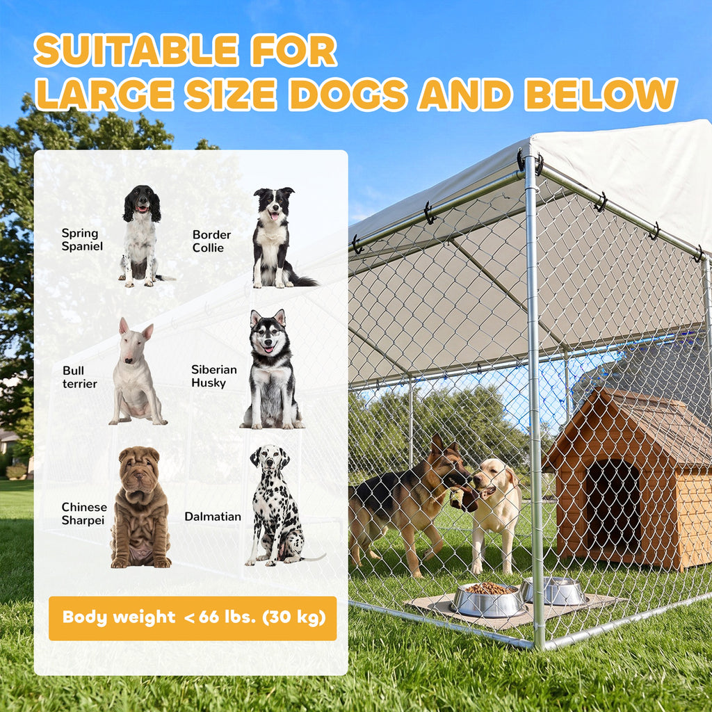 Heavy Duty Outdoor Dog Kennel with Waterproof Roof, 2 Secure Latches, Chain Link Dog Run for Backyard, 20' x 15' x 8'