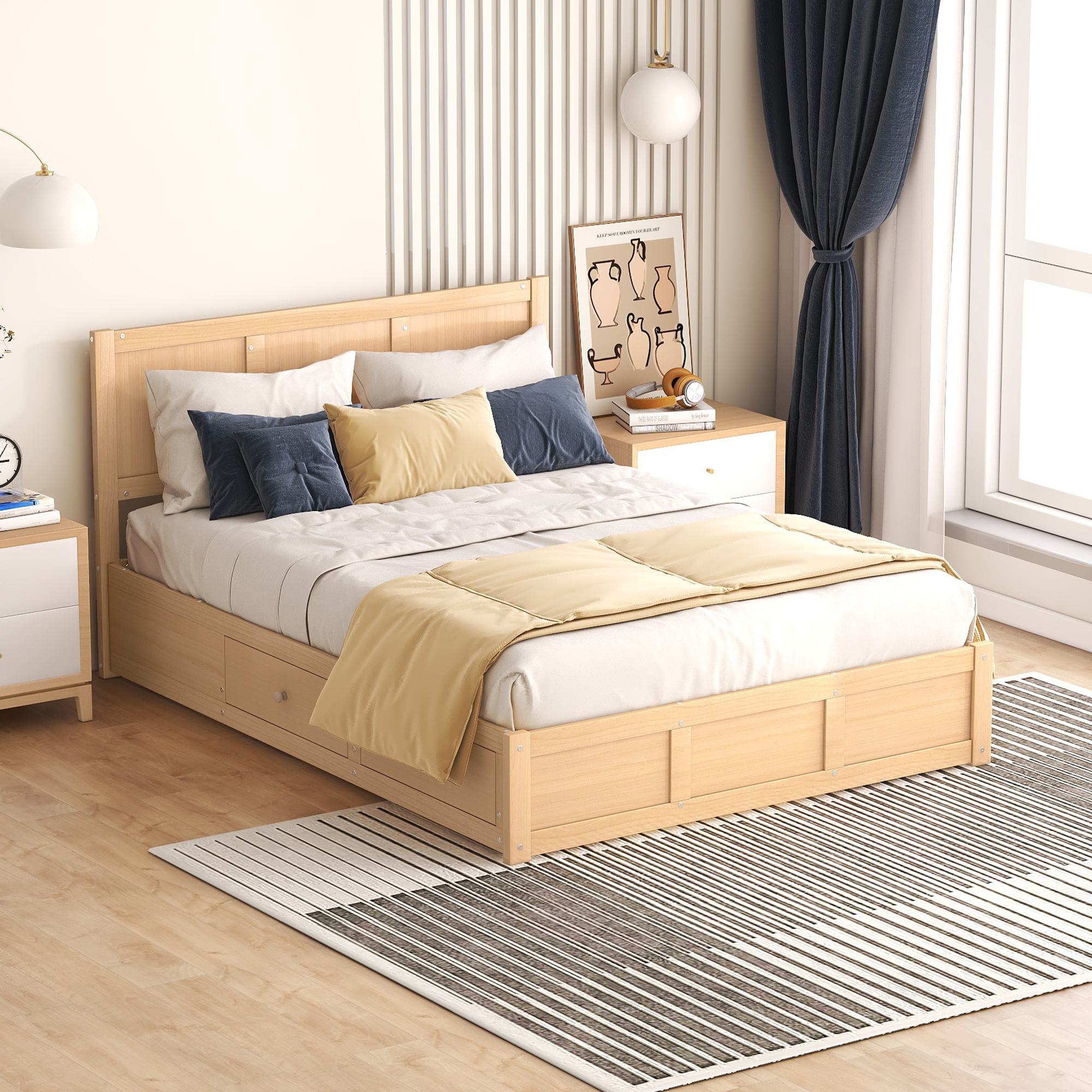 Full Size Wood Platform Bed with Underneath Storage, 2 Drawers, and Sturdy Wood Frame, 78" L x 57.5" W x 37.5" H, Natural
