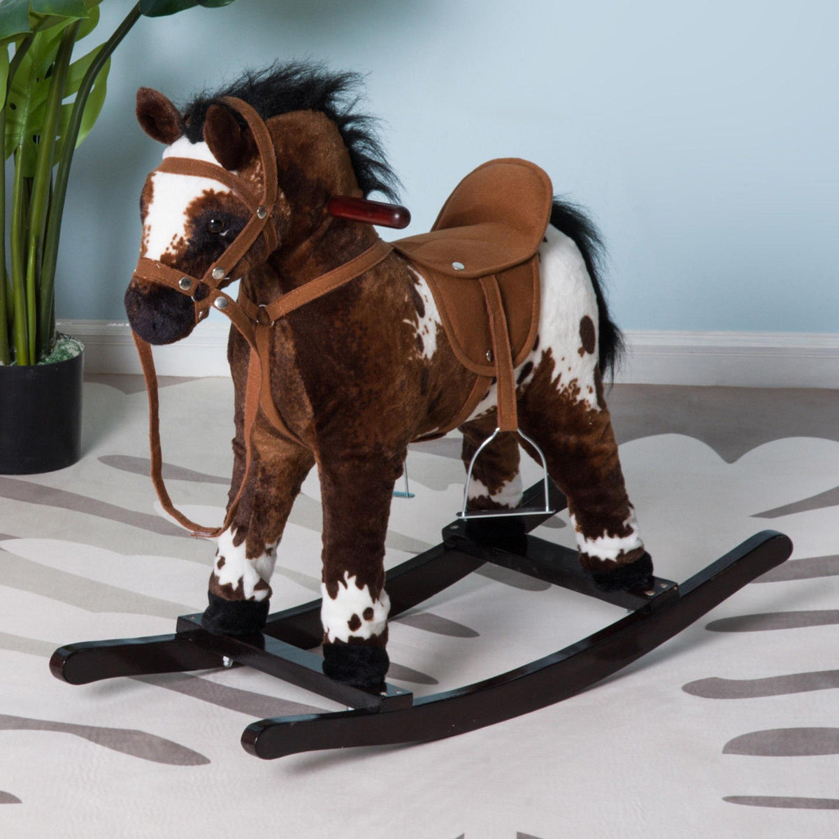 Kids Wooden Plush Ride-On Rocking Horse Chair Toy with Realistic Sounds Dark Brown/White