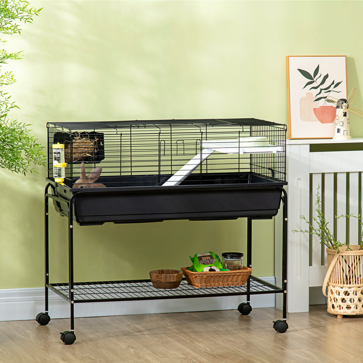 Two-Story Small Animal Cage Removable from Stand, Guinea Pig Cage with Shelf & Wheels, Pet Habitat for Hedgehog, Chinchilla, Ferret, 39" x 20.5" x 36.5", Black
