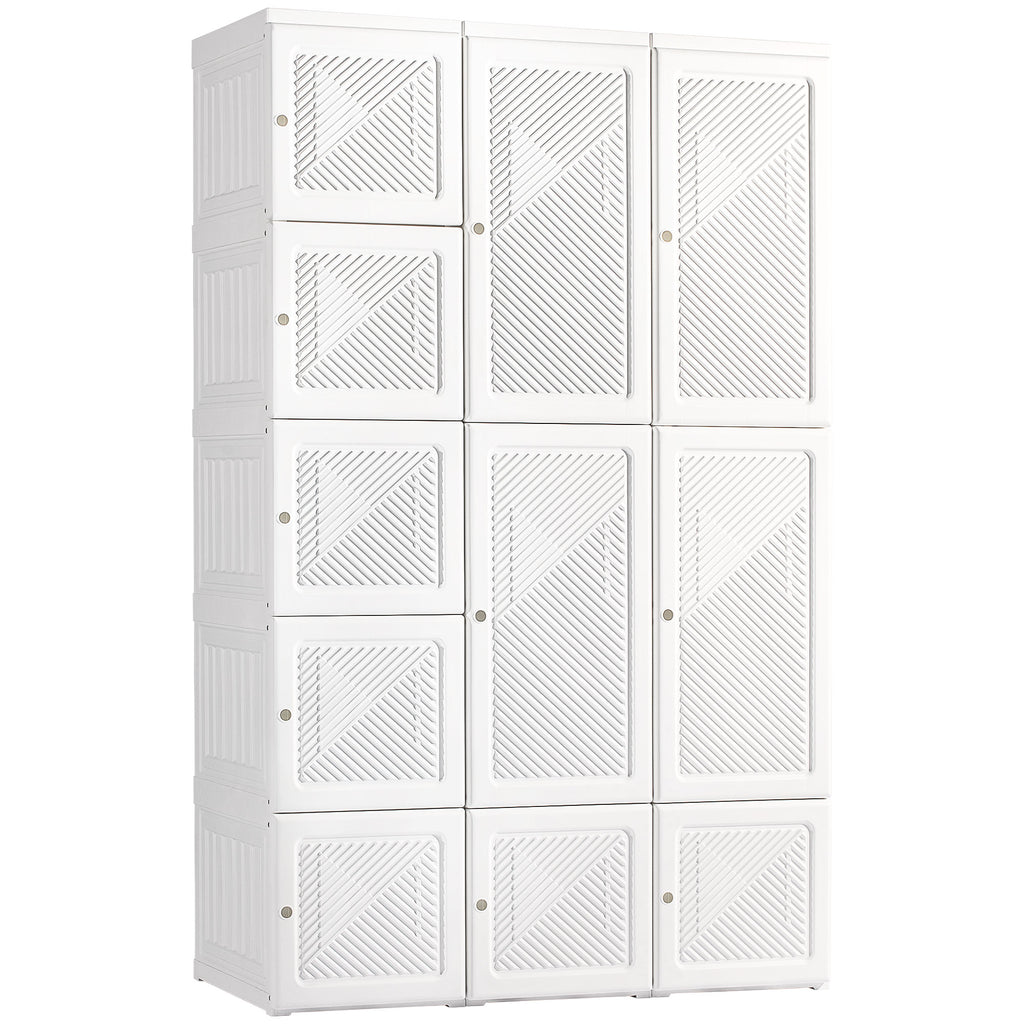 Portable Wardrobe Closet, Folding Clothes Storage Organizer with 8 Cube Compartments, 2 Hanging Rods, 11 Magnet Doors, White
