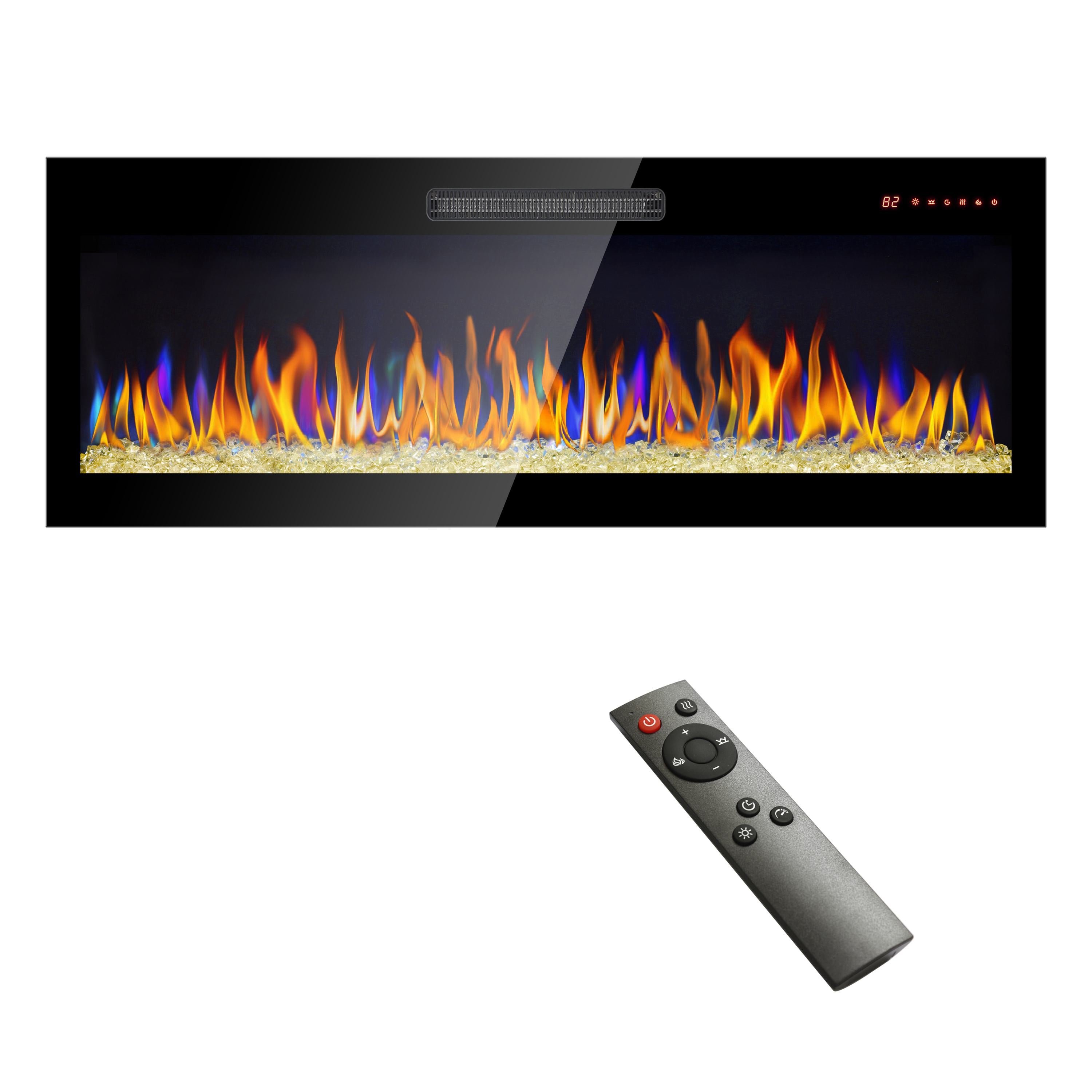 50" Ultra Thin Recessed Design Wall Mounted Electric Fireplace with Remote, Multi-Color Flame, Ember Bed, and LED Heater, Antique Black