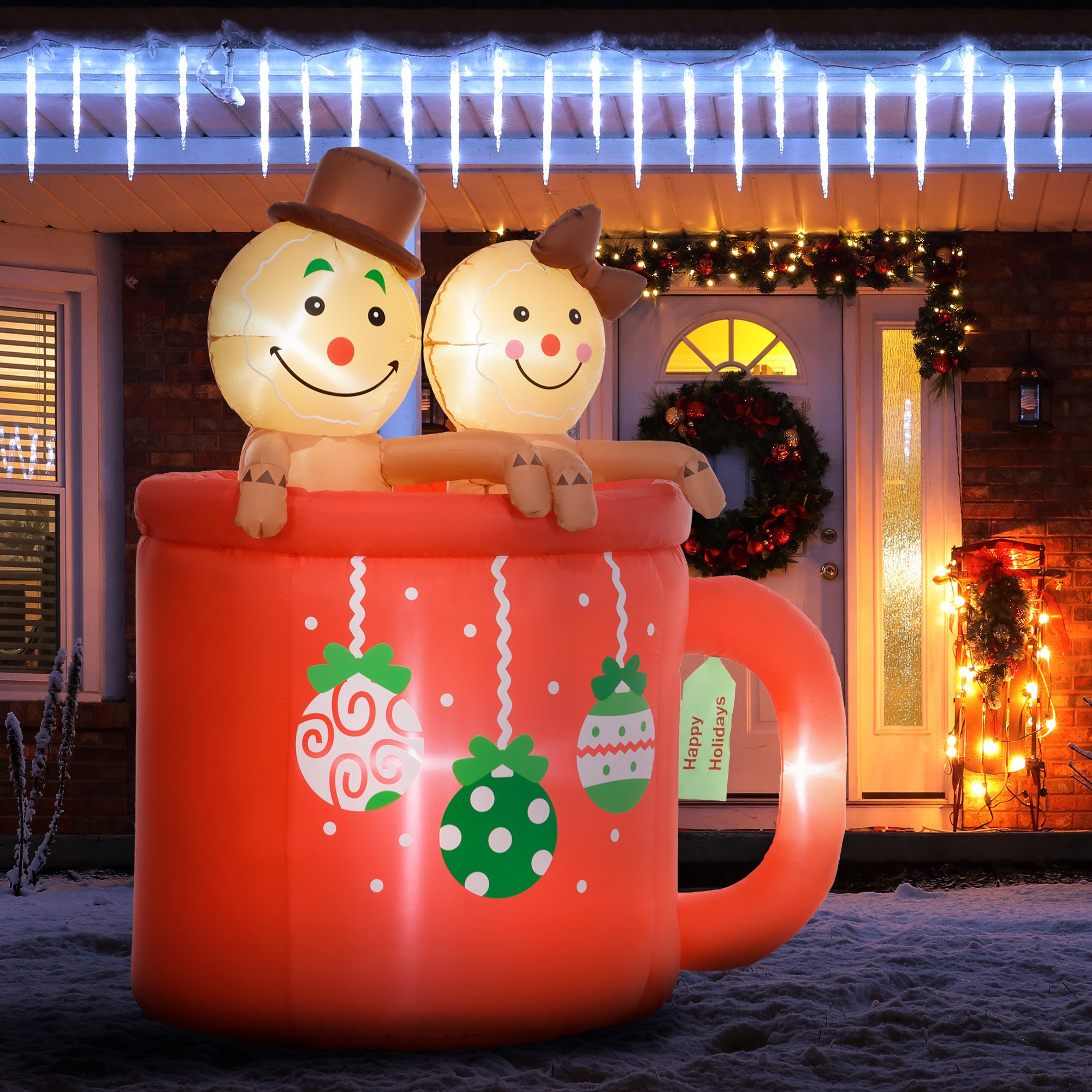 6FT Inflatable Gingerbread Couple in Hot Cocoa Mug, Christmas Blow Up Decoration with LED Lights for Indoor, Outdoor