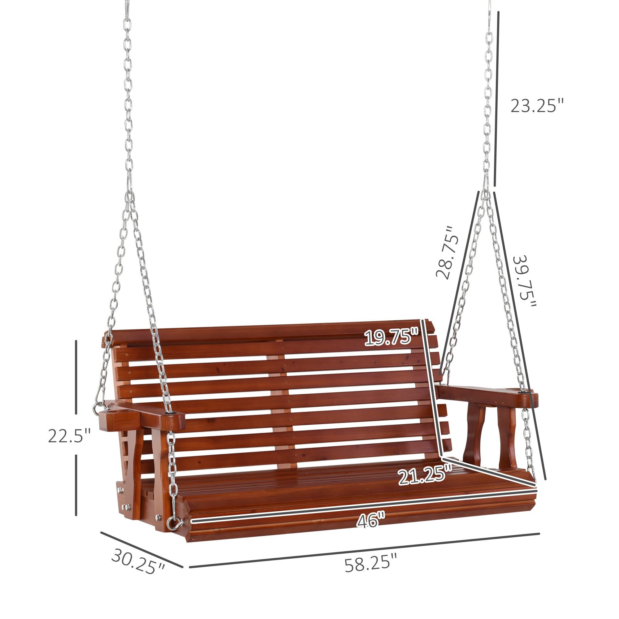 Porch Swing with Chains and Cupholders, 2 Person Wooden Patio Swing Chair, 440 lbs. Weight Capacity, for Garden, Poolside, Backyard, Brown