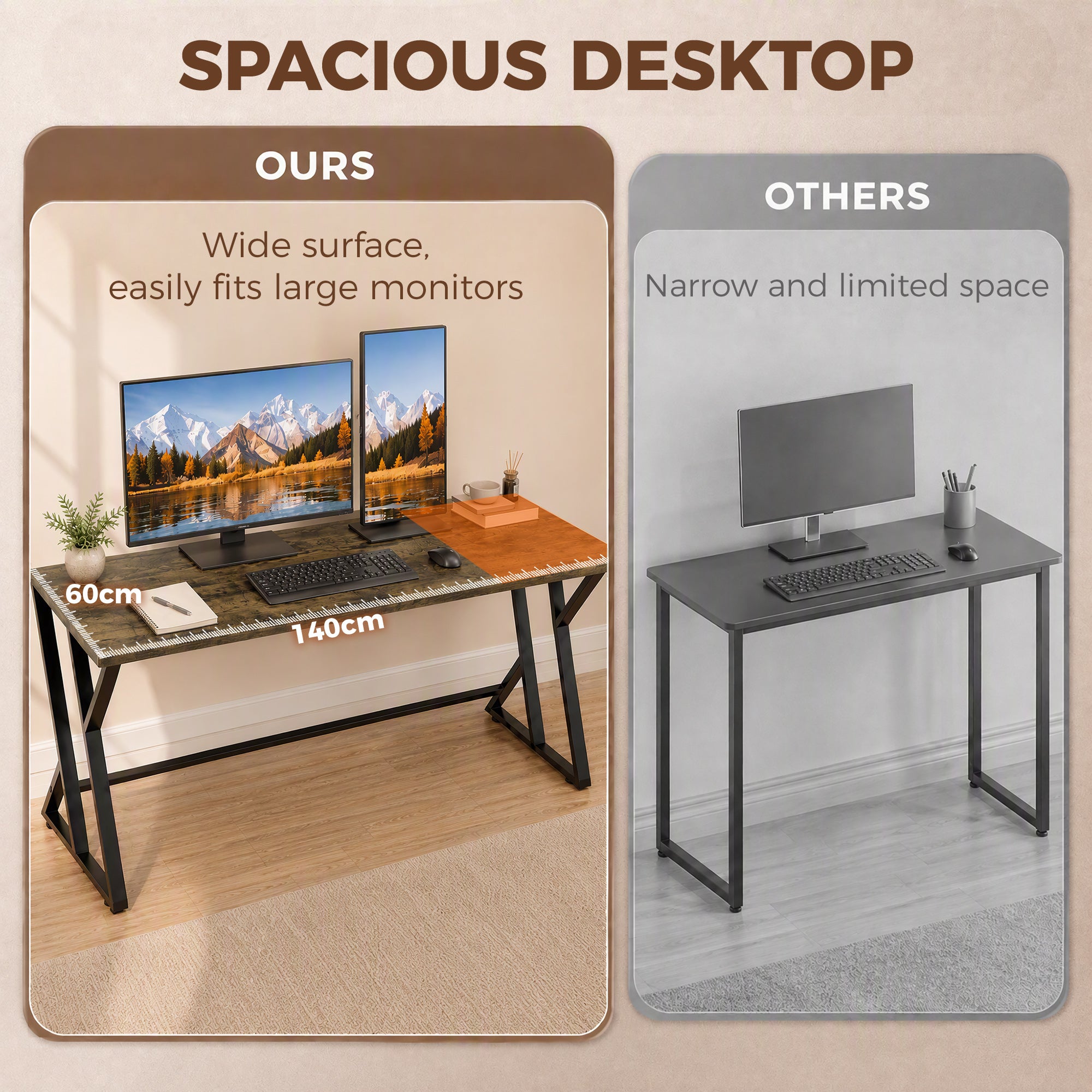 55 Inch Computer Desk, Industrial Writing Desk with Z-Shaped Metal Leg, Study Table for Home Office, Rustic Brown