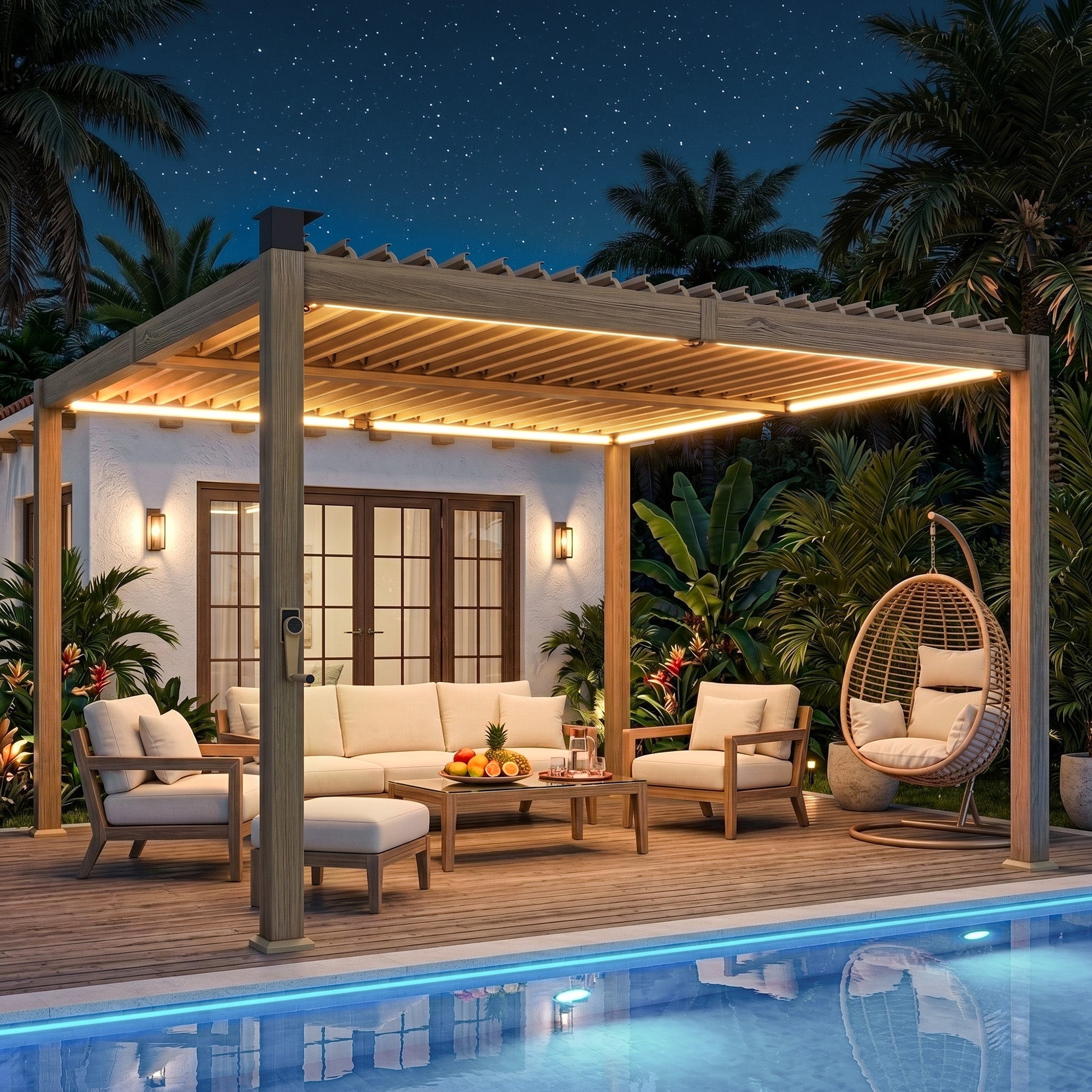 10' x 10' Louvered Pergola with Solar LED lights, Metal Roof, Outdoor Pergola Patio Gazebo with Drainage Gutters, Brown