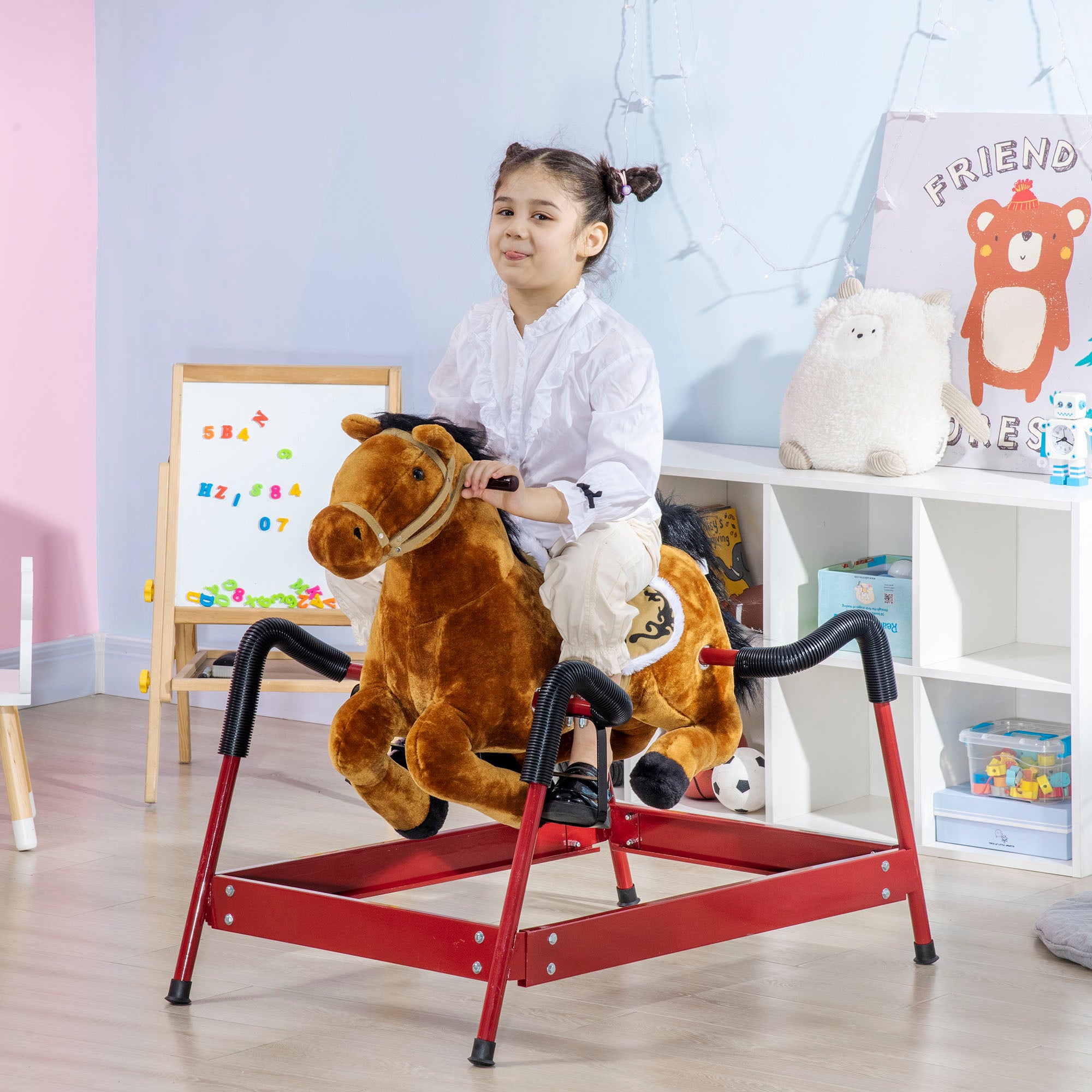 Kids Spring Rocking Horse, Ride on Horse for Girls and Boys with Sounds, Plush Animal Ride-on Toy with Soft Feel, Interactive Toy for Kids, Light Brown