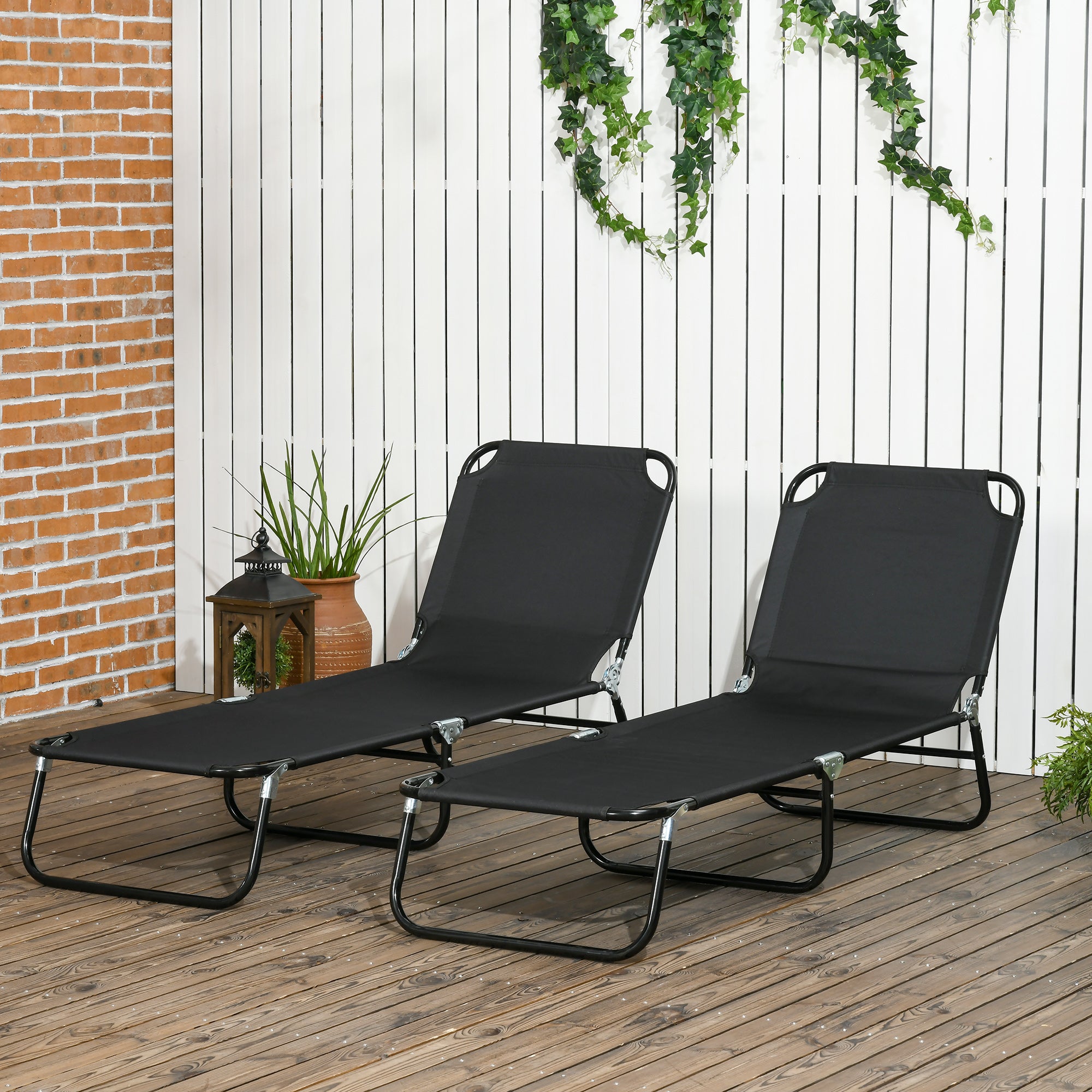 2 Piece Folding Chaise Lounge Pool Chairs, Outdoor Sun Tanning Chairs with 5-Level Reclining Back, Steel Frame for Beach, Yard, Patio, Black