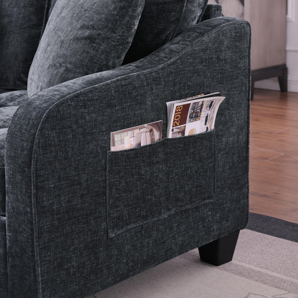 2-Seater Sofa Chaise Lounge with Irregular Curved Armrests, Ergonomic Backrest, Footrest with 2 Throw Pillows, 42.5" L x 32.5" W x 36.5" H, Black