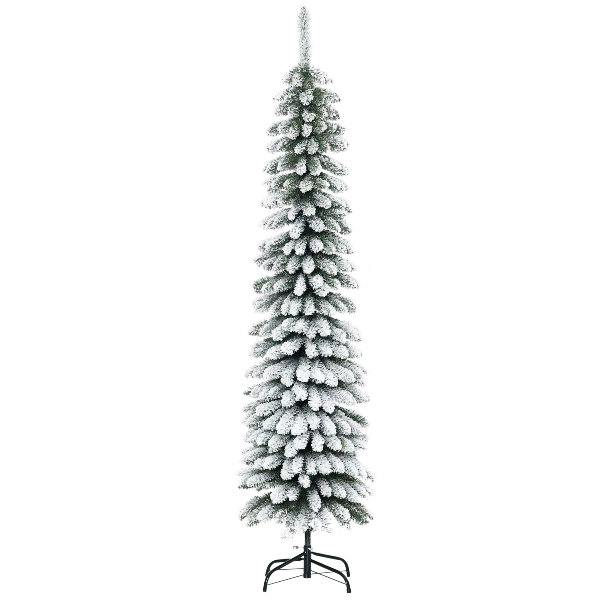6' Tall Unlit Slim Pencil Xmas Tree, Snow Flocked Artificial Christmas Tree with Realistic Branches and 603 Tips, Green