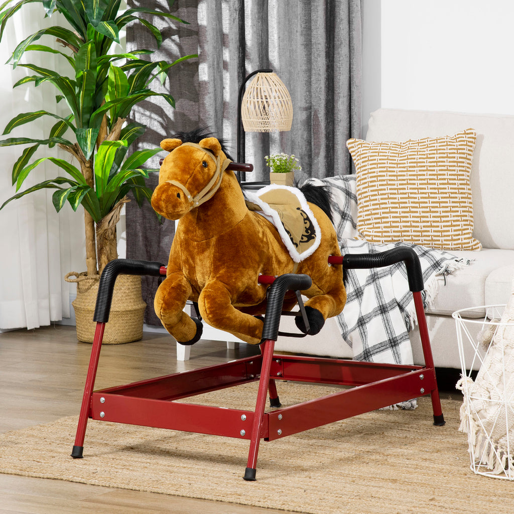Kids Spring Rocking Horse, Ride on Horse for Girls and Boys with Sounds, Plush Animal Ride-on Toy with Soft Feel, Interactive Toy for Kids, Light Brown