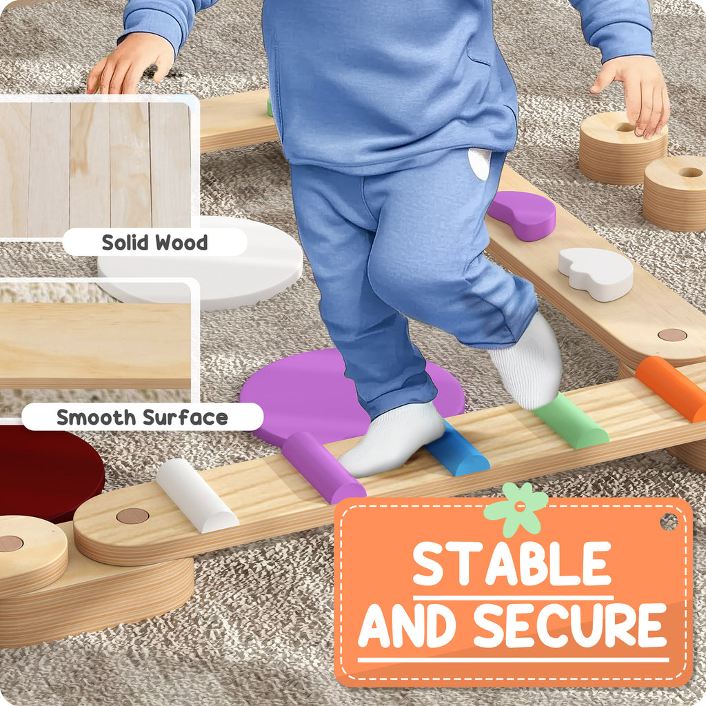 Kids Balance Beam, Wooden Balance Board with Stepping Stone for 3-8 Years