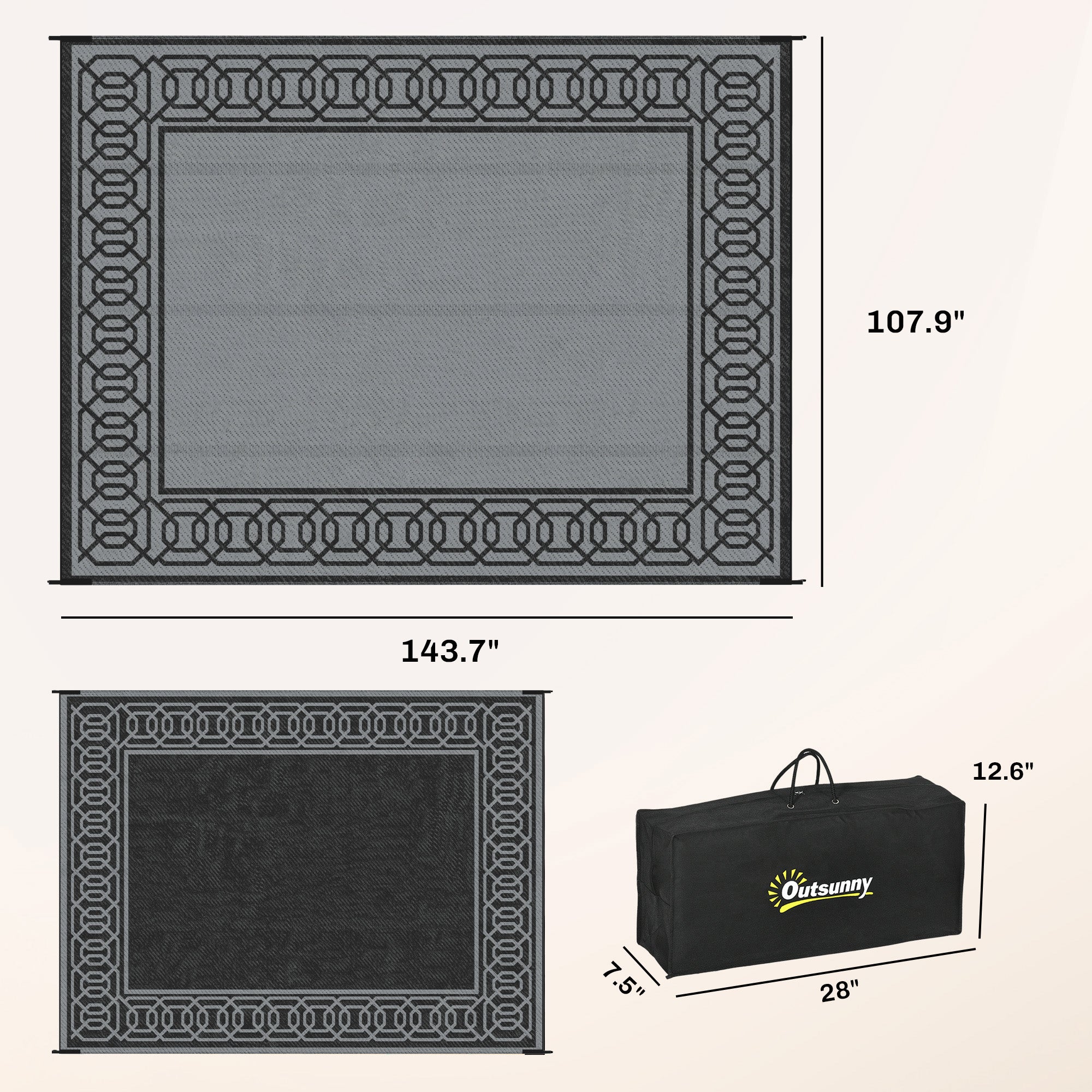 Outdoor Rug for Patio, 9' x 12' Waterproof Large Mat, Reversible Plastic Straw Rug for Decor, Portable Outside RV Camping Area Carpet Mat for Backyard Porch Deck Picnic, Black & Gray Border