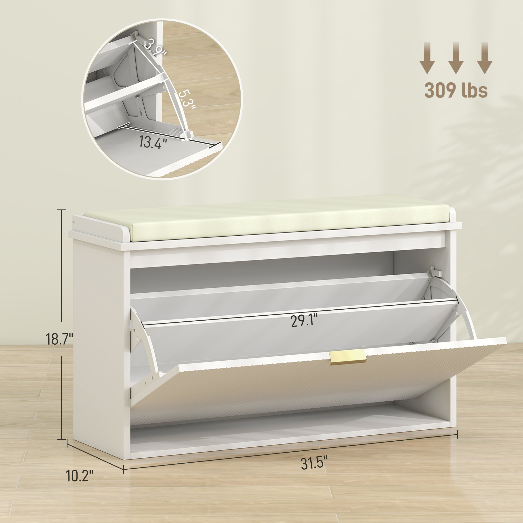 Shoe Storage Bench with Padded Seat Cushion and Flip-Drawer, Entryway Bench, Shoe Cabinet, 31.5x10.2x18.7 Inches, White