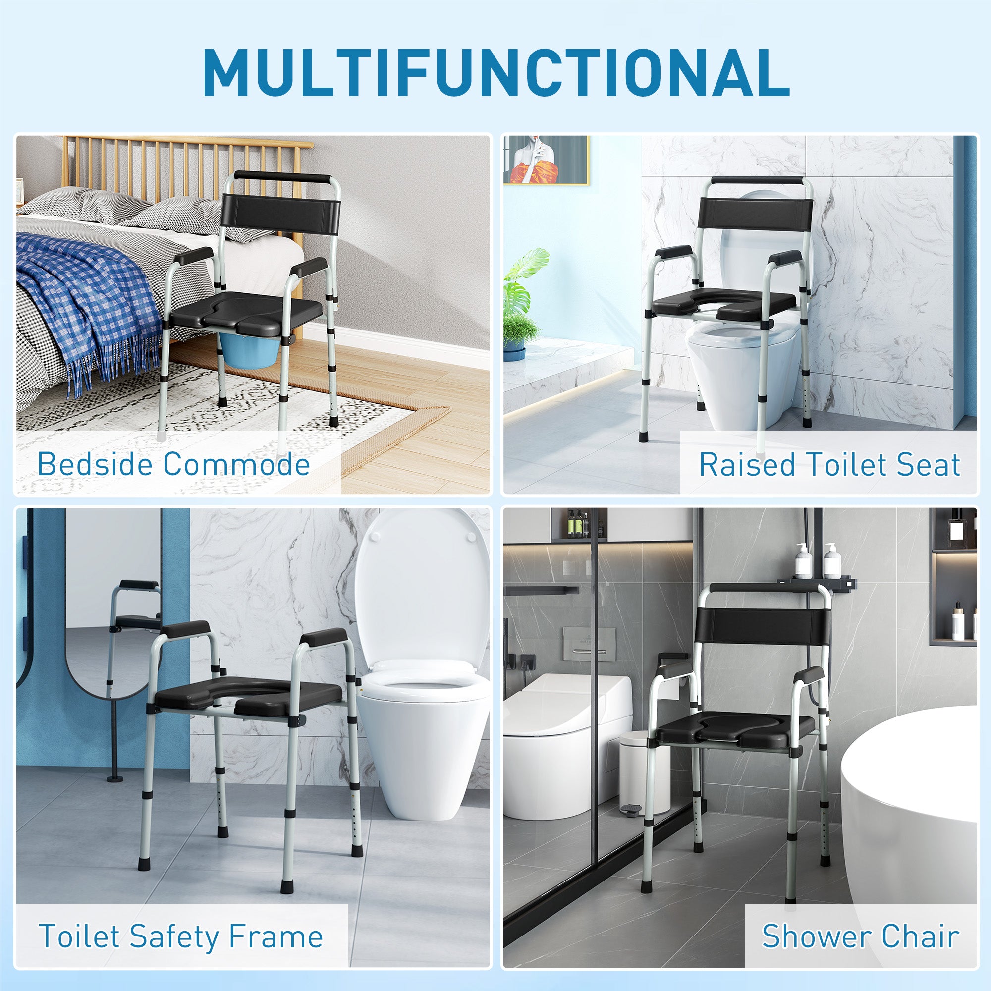 Bedside Commode Chair for Seniors, Adults, Handicap, Raised Toilet Seat with Arm, Adjustable Height, 331 lbs, Black