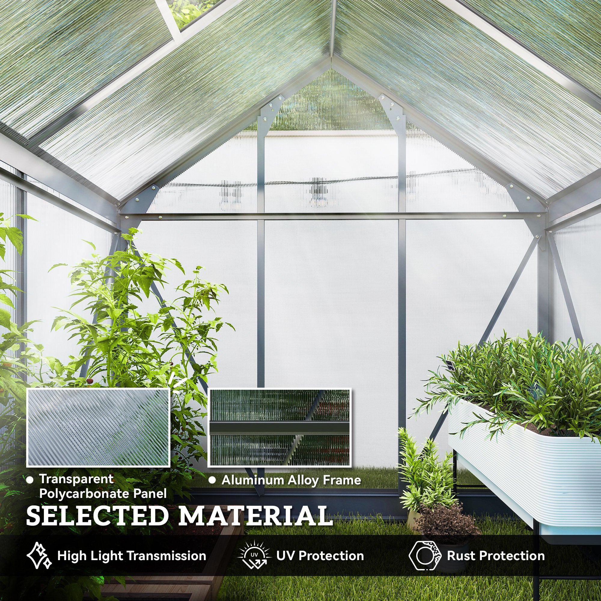Polycarbonate Greenhouse, Heavy Duty Outdoor Aluminum Walk-in Green House Kit Vent Door, 6.2'x4.3'x6.6' Gray