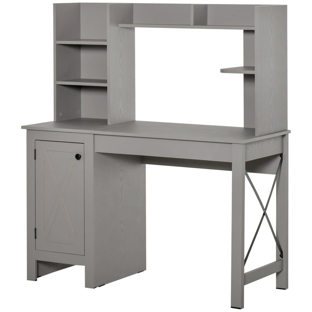 Computer Desk W/ Hutch, Home Office Desk W/ Storage Cabinet, Light Grey