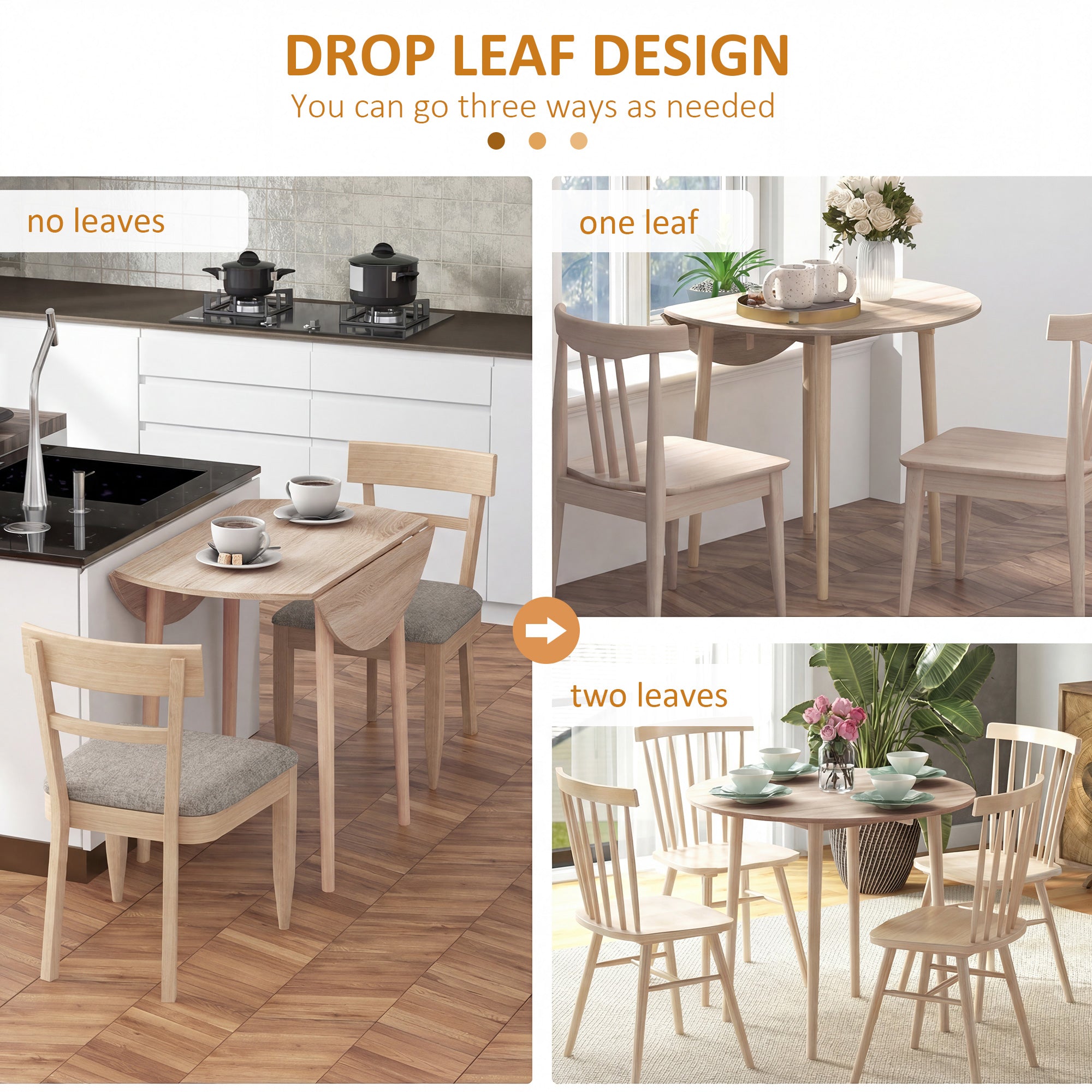 Folding Dining Table, Round Drop Leaf Kitchen Table for Small Spaces with Wood Legs, Oak Color