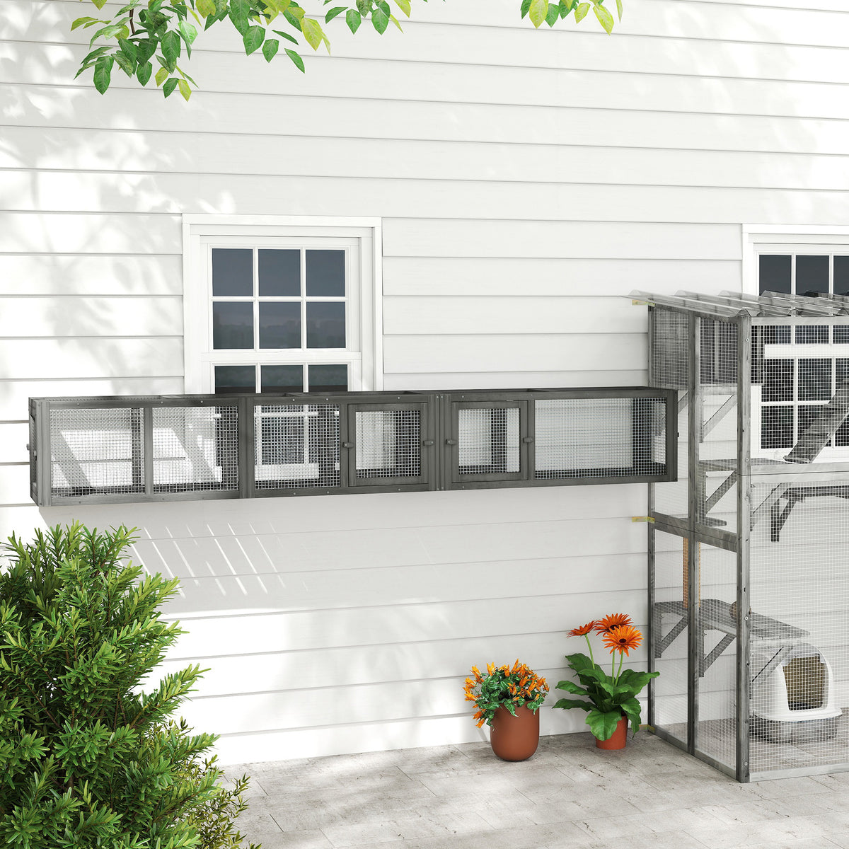 Wooden 98" Cat Tunnel for Outdoor with Combinable Design, 8 Doors, Dark Gray