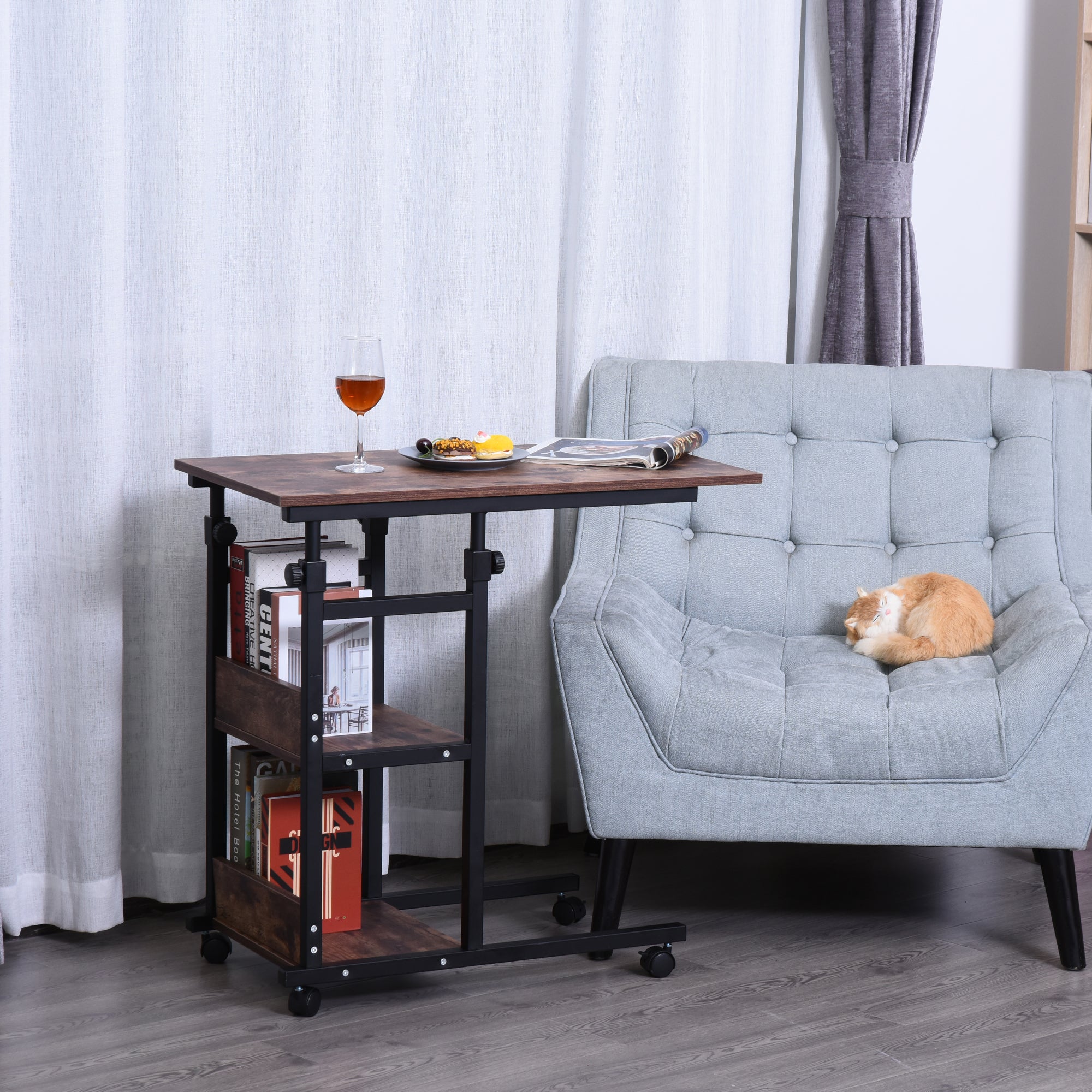 Industrial C-Shaped Mobile Rolling Sofa Side Table with 3-Tier Storage Shelving, Adjustable Height, & Wheels