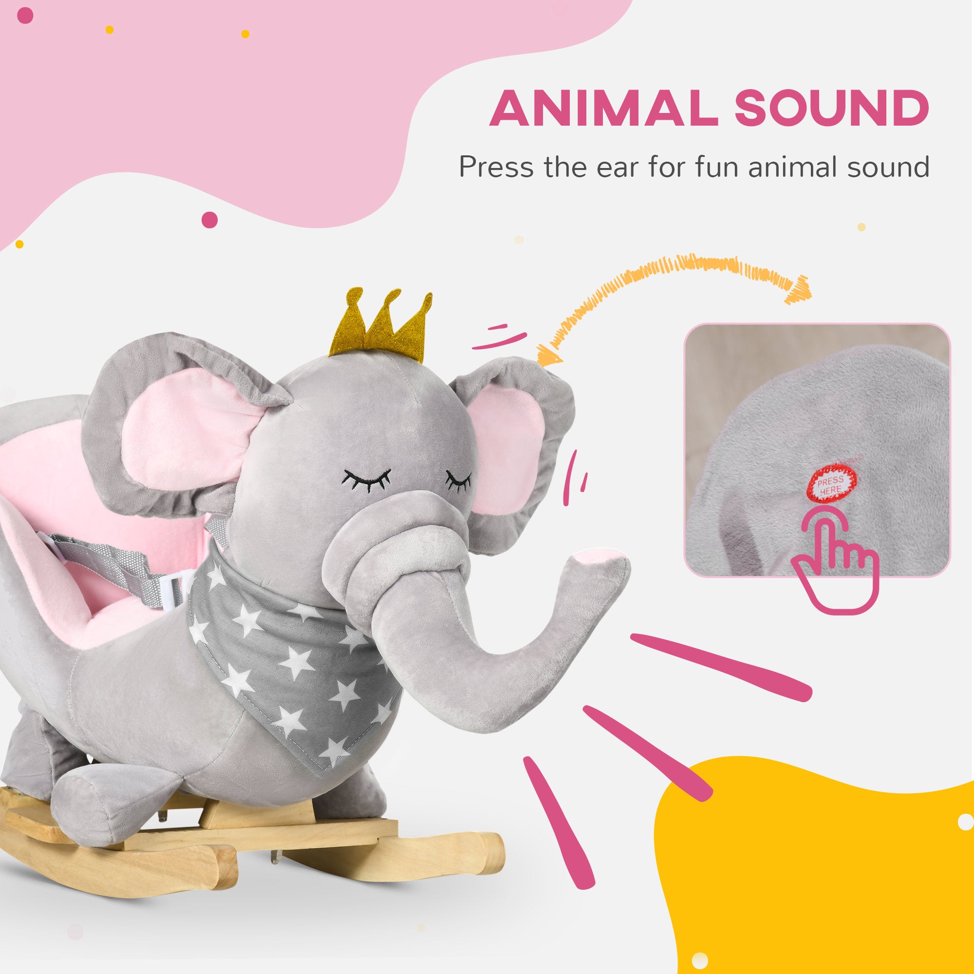 Baby Rocking Horse Elephant Rocking Chair Toddler Rocker Toy with Sound Wooden Base Seat for 1.5-3 Year Old, Gray