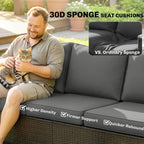 3 Seater Outdoor Couch Sofa, PE Wicker Patio Sofa, Wide Deep Seat, 4" Cushions, Wood-Effect Armrests Legs, Gray