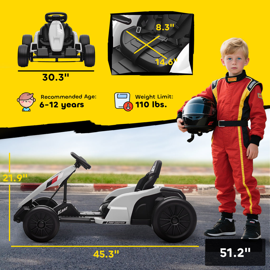 24V Electric Go Kart with Dual 150W Motors, Adjustable Seat & 11.2MPH High Speed, Slow Start, 5-Point Harness, White