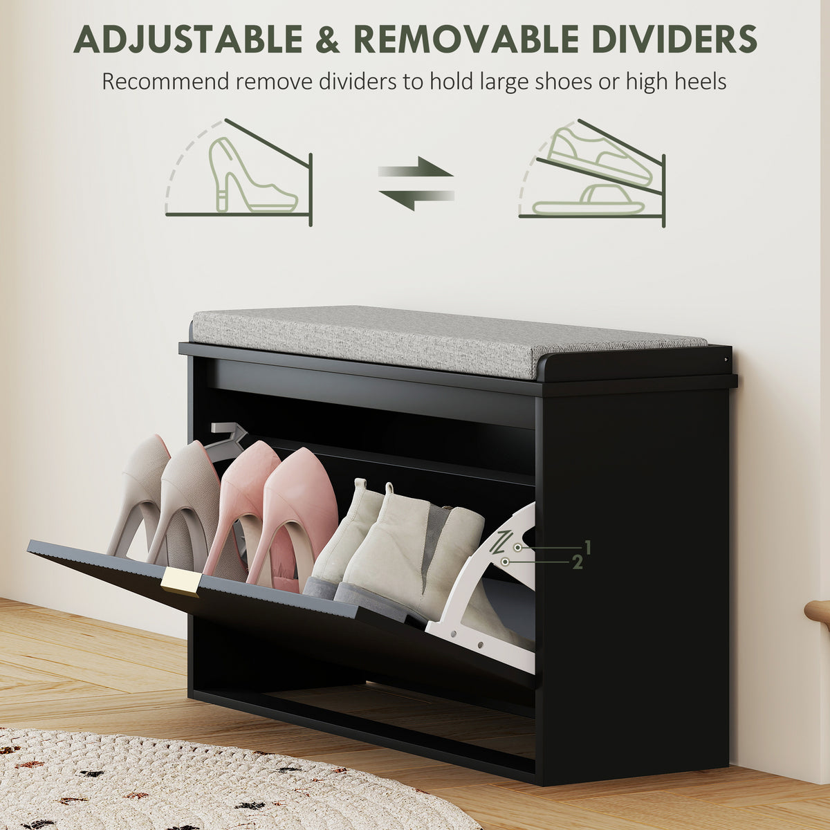 Shoe Storage Bench with Padded Seat Cushion and Flip-Drawer, Entryway Bench, Shoe Cabinet, 31.5x10.2x18.7 Inches, Black