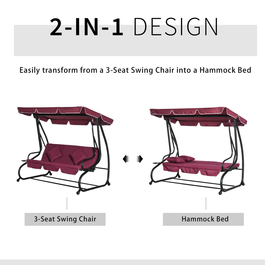 3-Seat Outdoor Patio Swing Chair, Converting Flatbed, Outdoor Swing Glider with Adjustable Canopy, Removable Cushion and Pillows, for Porch, Garden, Poolside, Backyard, Red