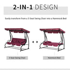 3-Seat Outdoor Patio Swing Chair, Converting Flatbed, Outdoor Swing Glider with Adjustable Canopy, Removable Cushion and Pillows, for Porch, Garden, Poolside, Backyard, Red