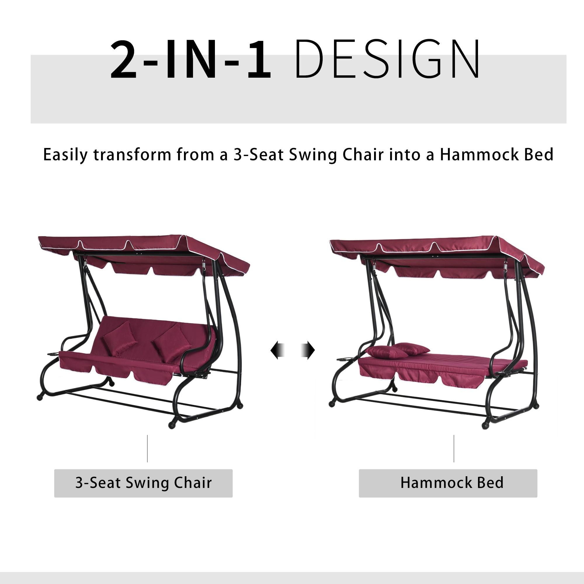 3-Seat Outdoor Patio Swing Chair, Converting Flatbed, Outdoor Swing Glider with Adjustable Canopy, Removable Cushion and Pillows, for Porch, Garden, Poolside, Backyard, Red