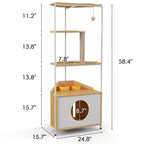 Corner Multi-Level Cat Tower and Condo with Scratching Post, Feeding Station, 25" L x 16" W x 58.5" H, White+Light Oak