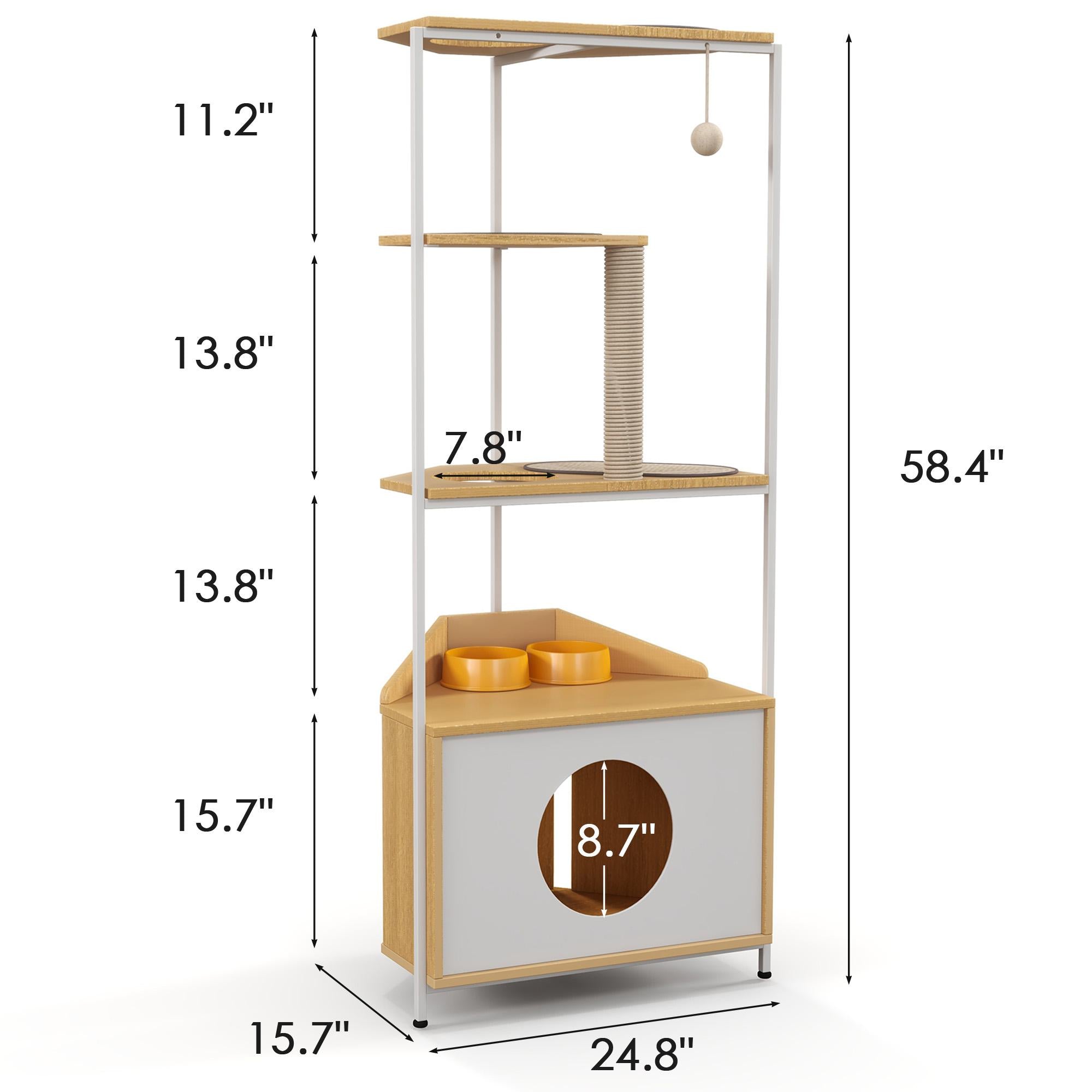 Corner Multi-Level Cat Tower and Condo with Scratching Post, Feeding Station, 25" L x 16" W x 58.5" H, White+Light Oak