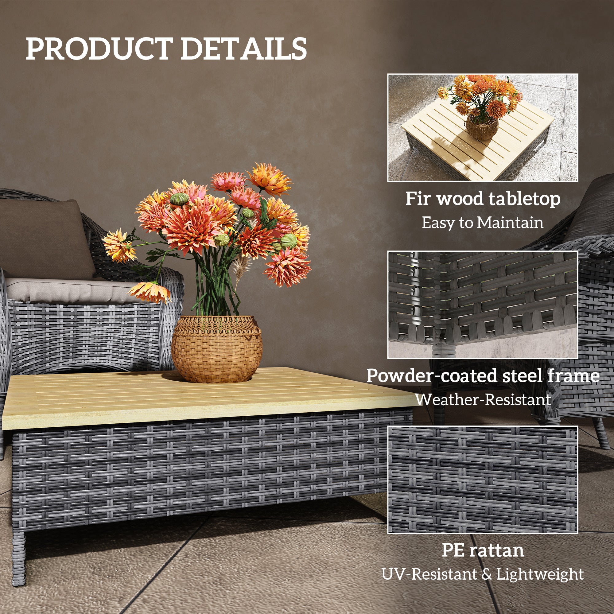 Outdoor Side Table with PE Rattan, Patio End Table with Natural Fir Wood Top, Weather Resistant Accent Table for Patio Pool Porch, Gray