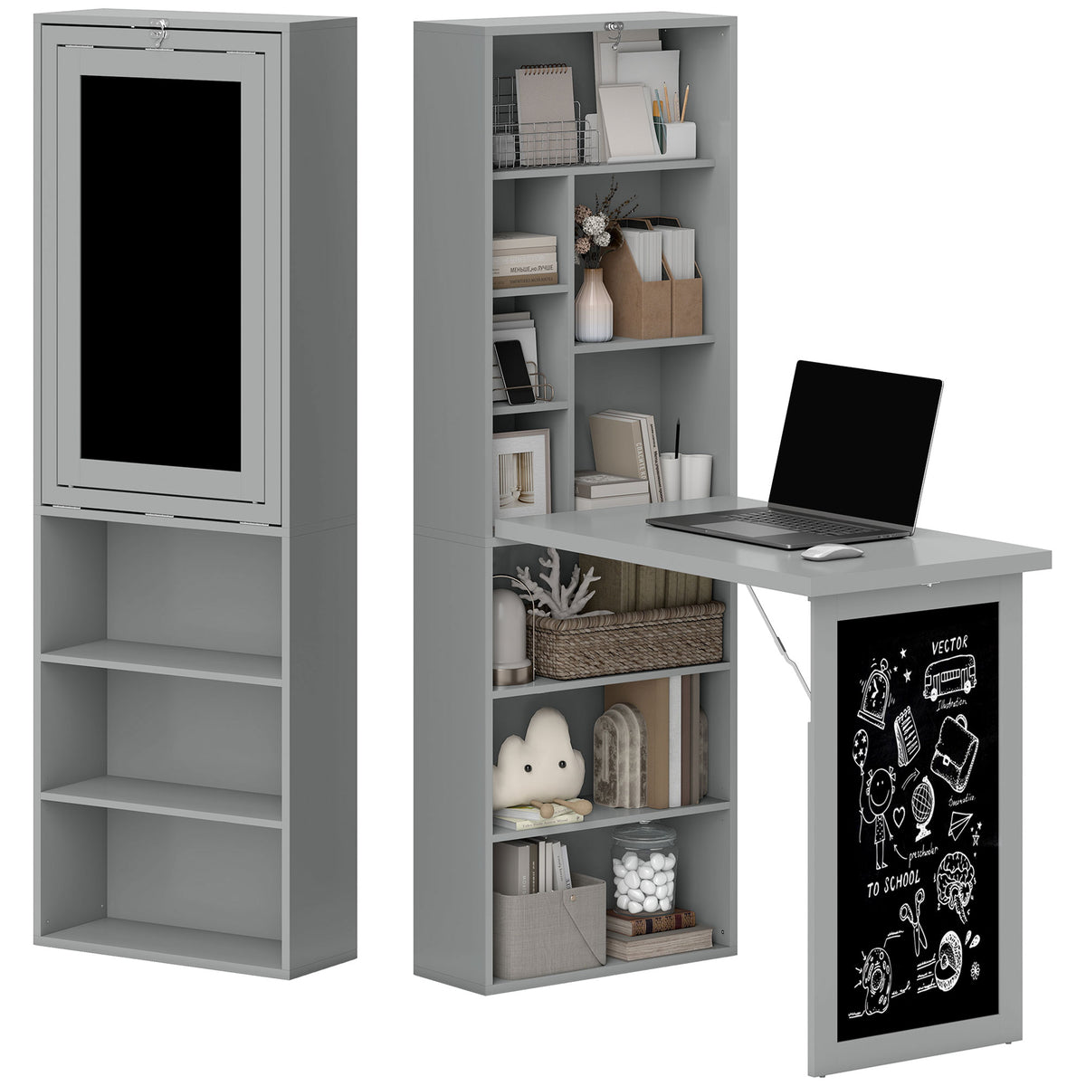 Fold-out Convertible Office Desk, Wall Mount Computer Desk with Blackboard and Side Shelf, Charcoal Gray