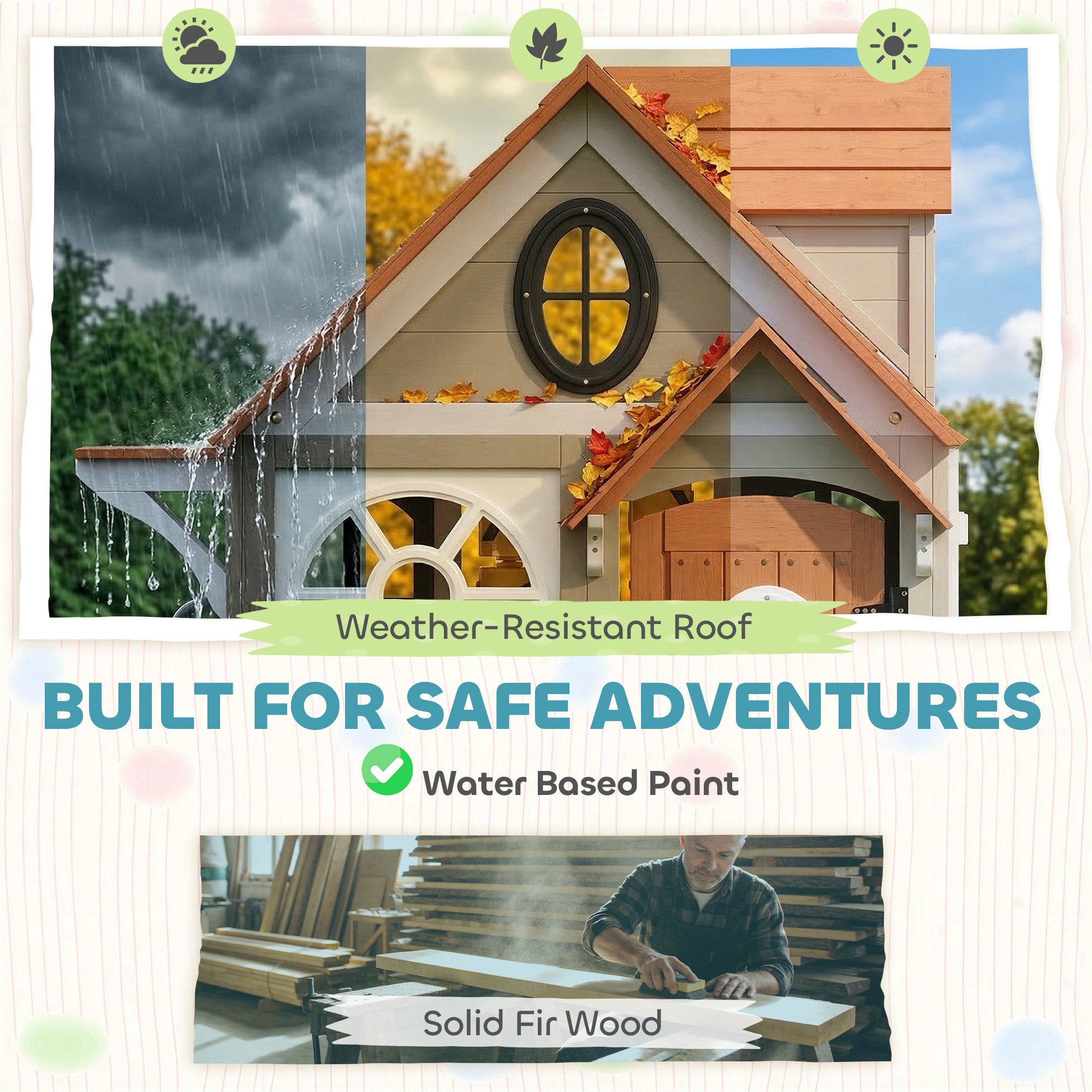 Outdoor Playhouse, Wooden Kids Playhouse with Dog Door, Cookware, Blackboard, Clock, Tic-Tac-Toe Roller for Backyard