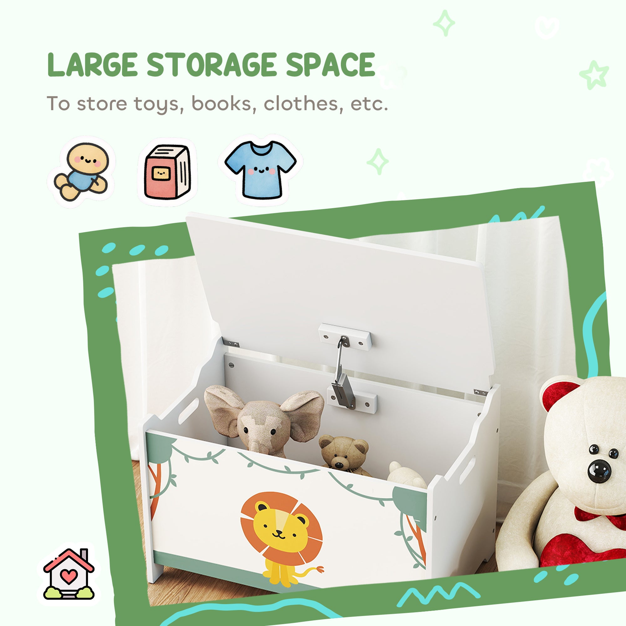 Toy Box with Lid, Safety Hinges and Groove Handles, Toy Storage Organizer for Kids, Living Room, Playroom, Green