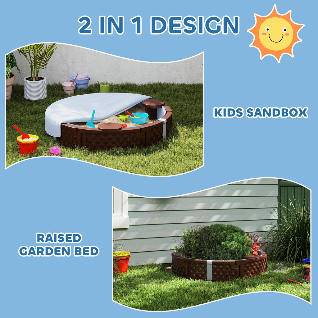 47" Round Kids Sandbox with Cover, 3 Seats, Waterproof Bottom Liner, for Backyard, Lawn, Garden, Beach, Patio, Brown
