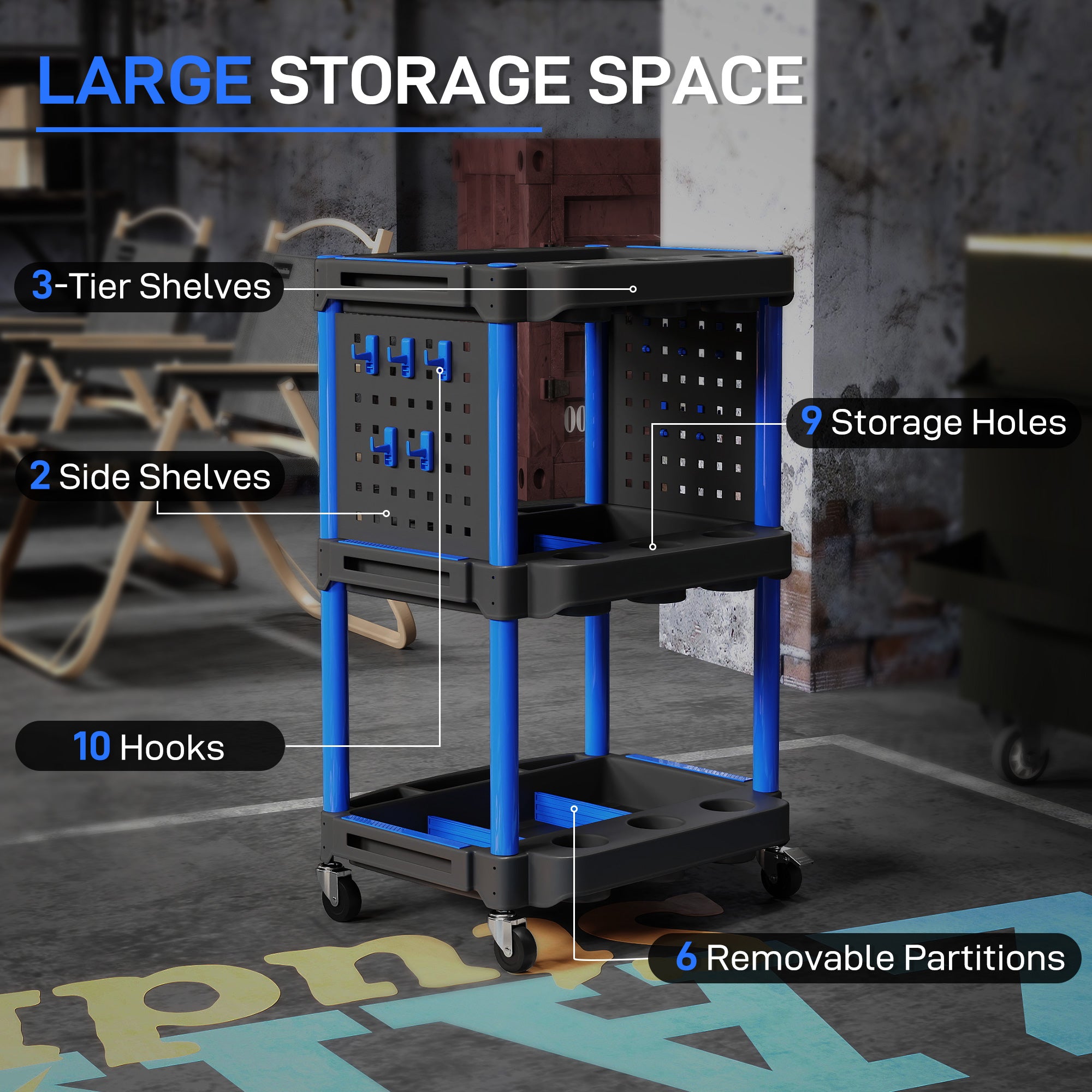 3-Tier Rolling Tool Cart, 200 LBS Capacity Plastic Utility Cart with Side Shelves for Garage Workshop, Black & Dark Blue