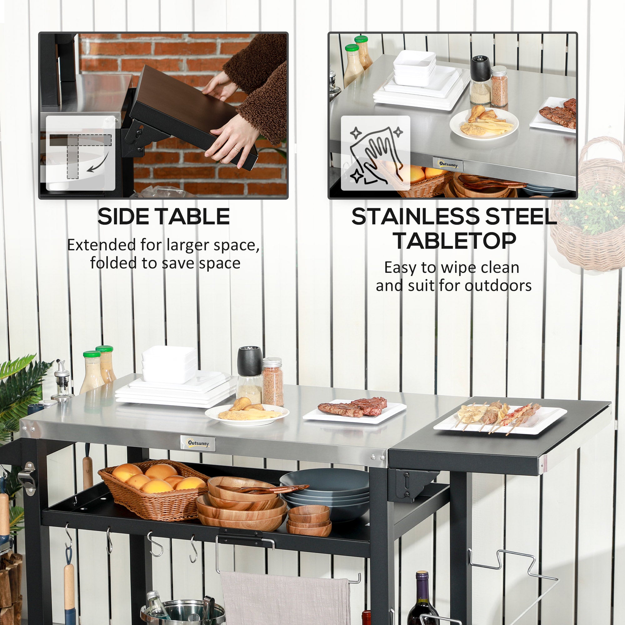 3-Shelf Outdoor Grill Cart Table with Foldable Side Table, Stainless Steel Pizza Oven Stand on Wheels, Black