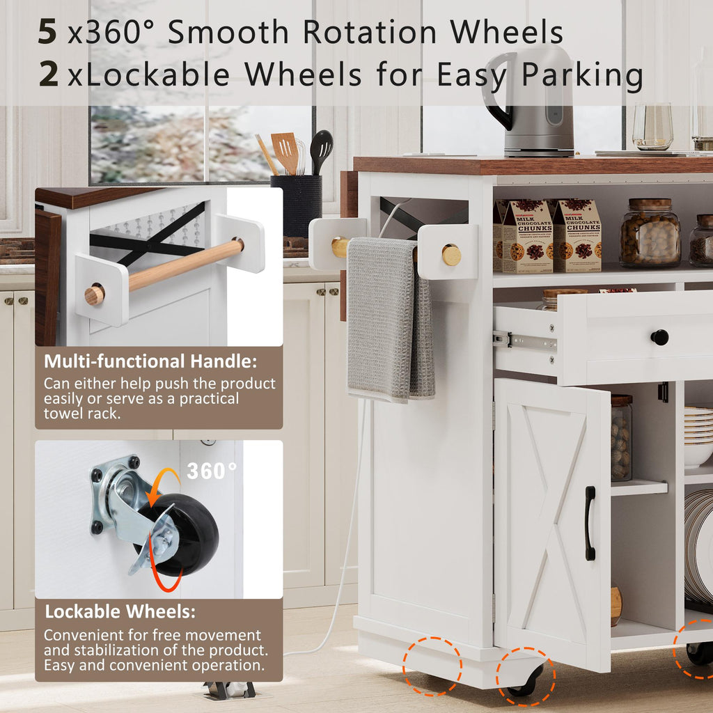 Farmhouse Kitchen Island Cart with Beaded Drape, Power Outlet, Drop Leaf, Rolling Wheels, 3 Doors, 3 Drawers, Adjustable Shelves, White