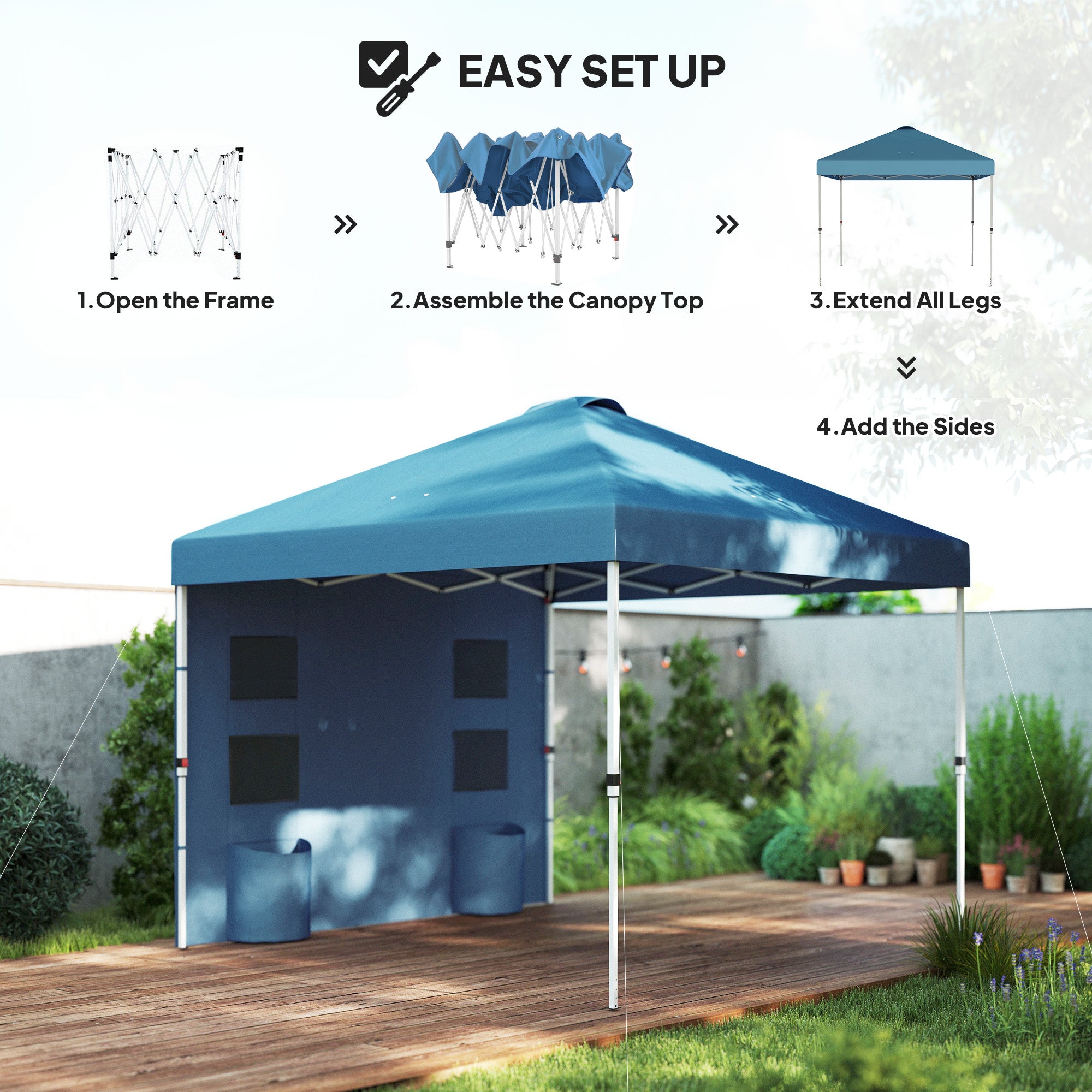 10' x 10' Pop Up Canopy Tent w/ Sidewall, UPF50+ Height Adjustable Instant Sun Shelter w/ Storage Pockets, Sea Blue